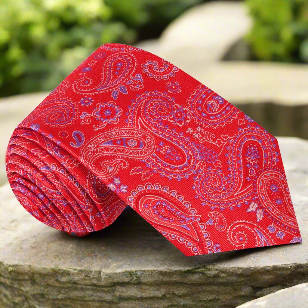 Tie Rolled Up View: Red, Light Purple Paisley Necktie