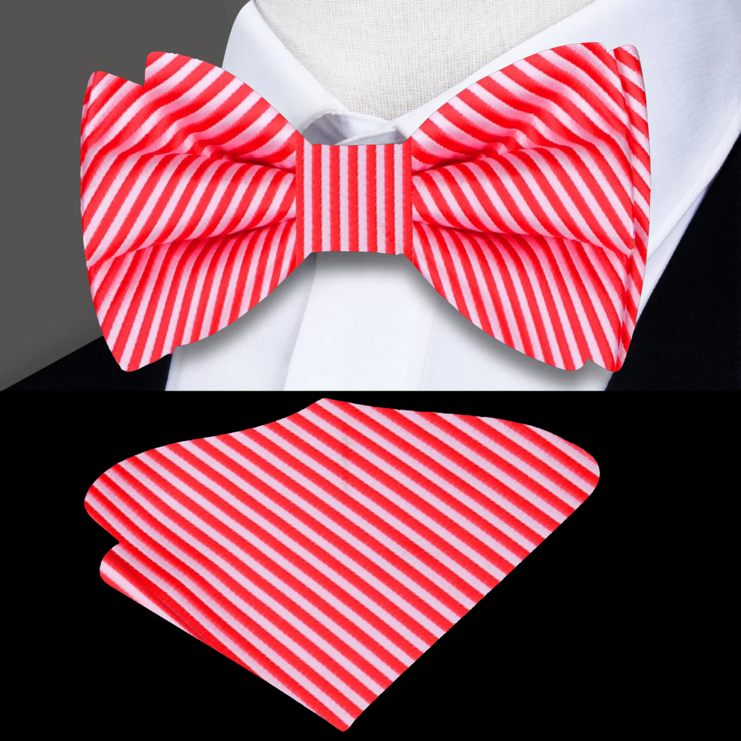 Main: Red, White Pinstripe Bow Tie and Pocket Square