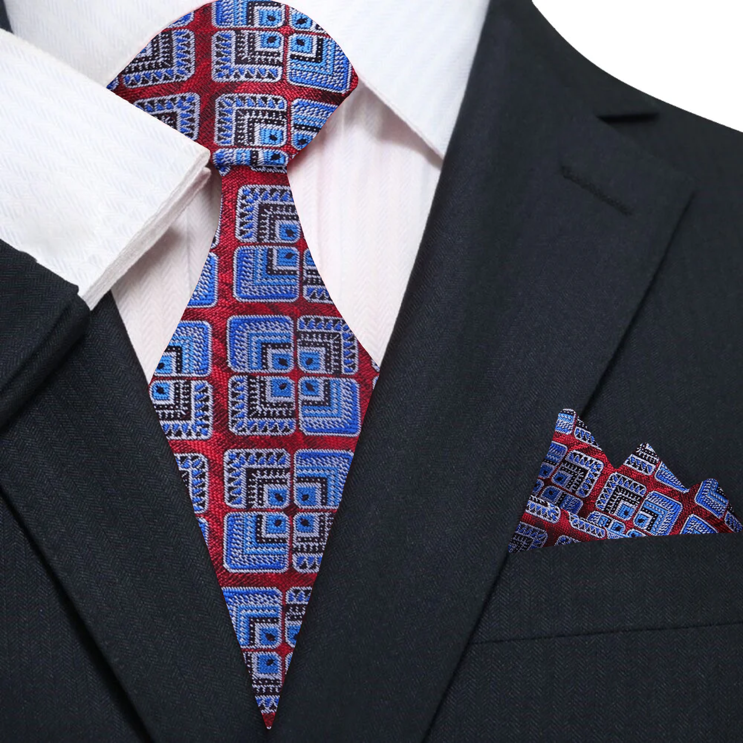 Main Red and Blue Geometric Abstract Tie and Pocket Square