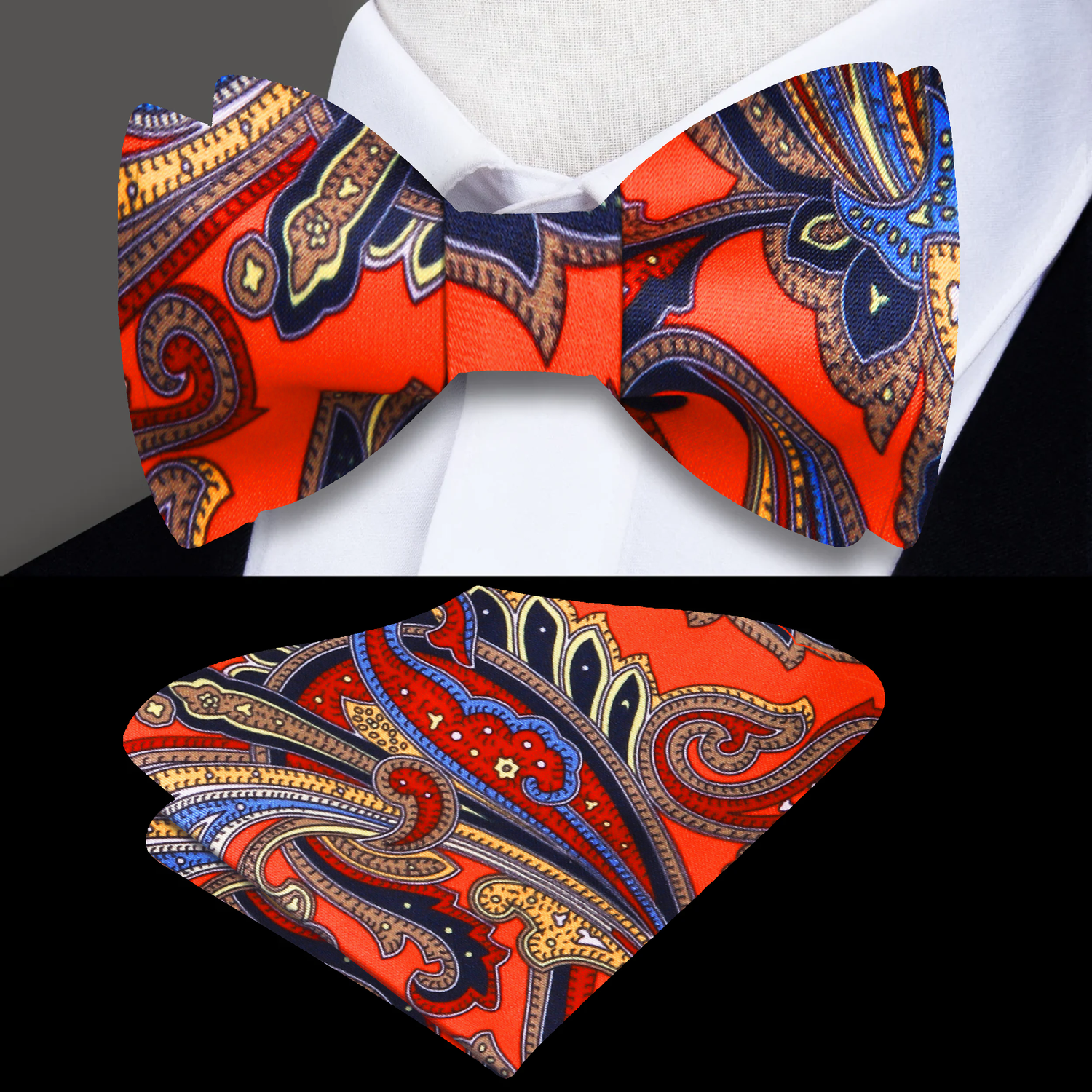 Main View: A Red, Blue, Yellow Floral Pattern Silk Self Tie Bow Tie, Matching Pocket Square
