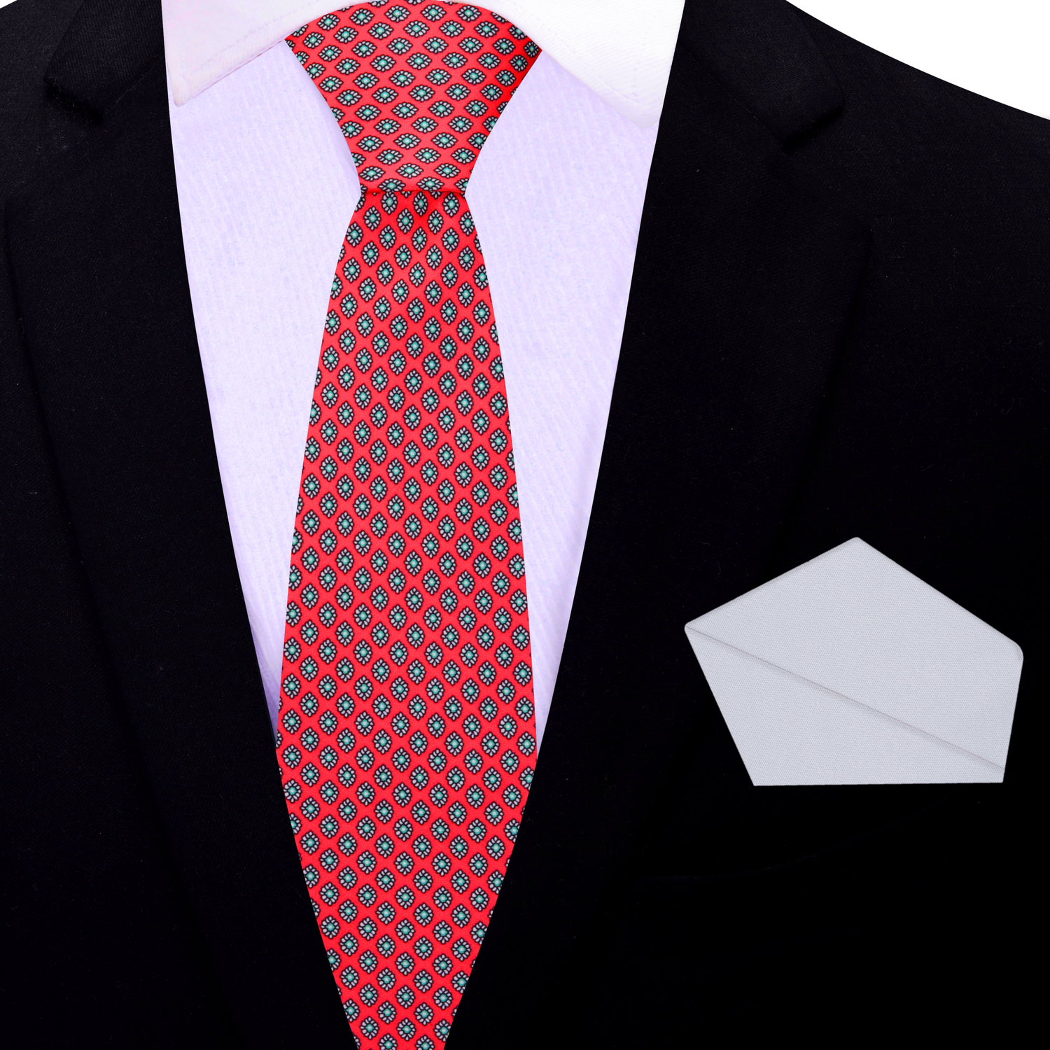 Thin Tie: Red Small Medallion Tie and Light Grey Square