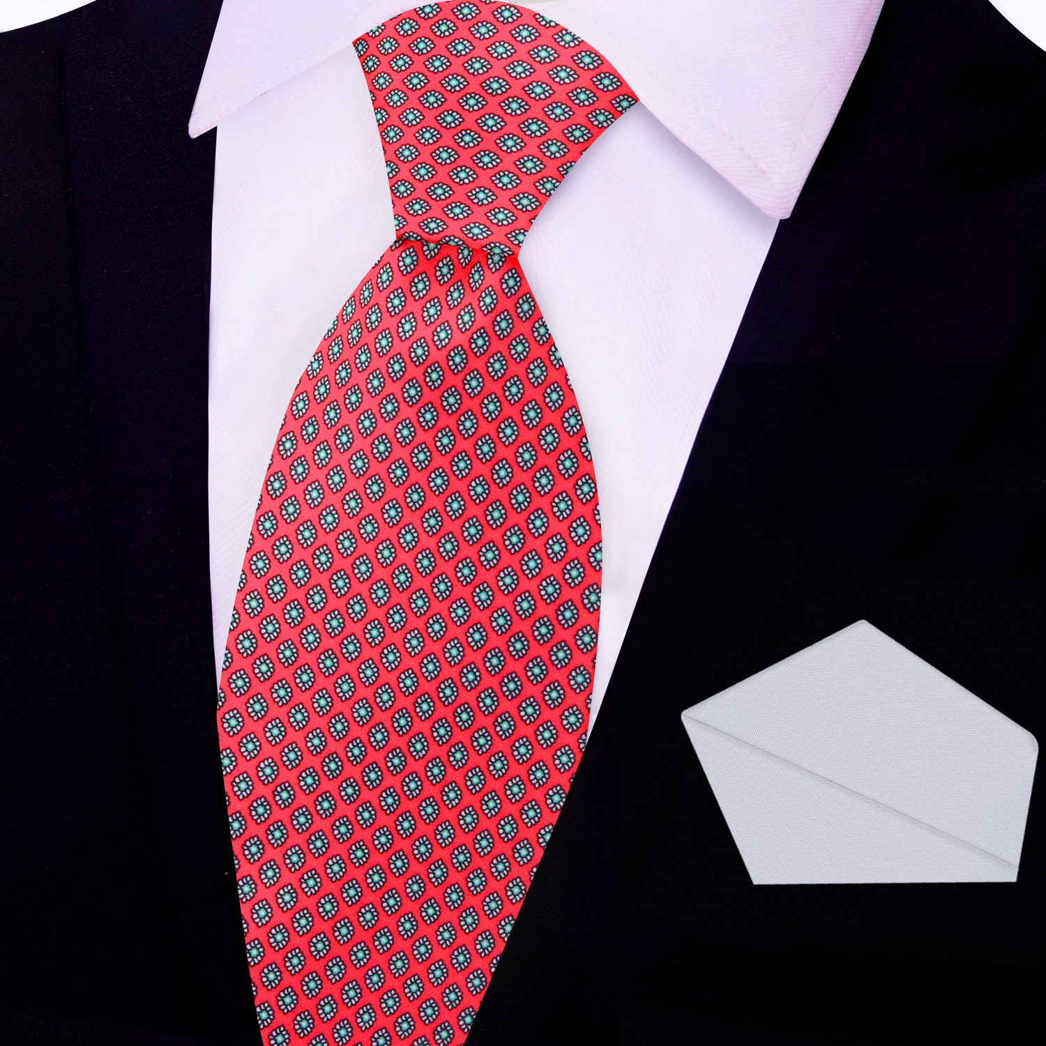 Red Small Medallion Tie and Light Grey Square