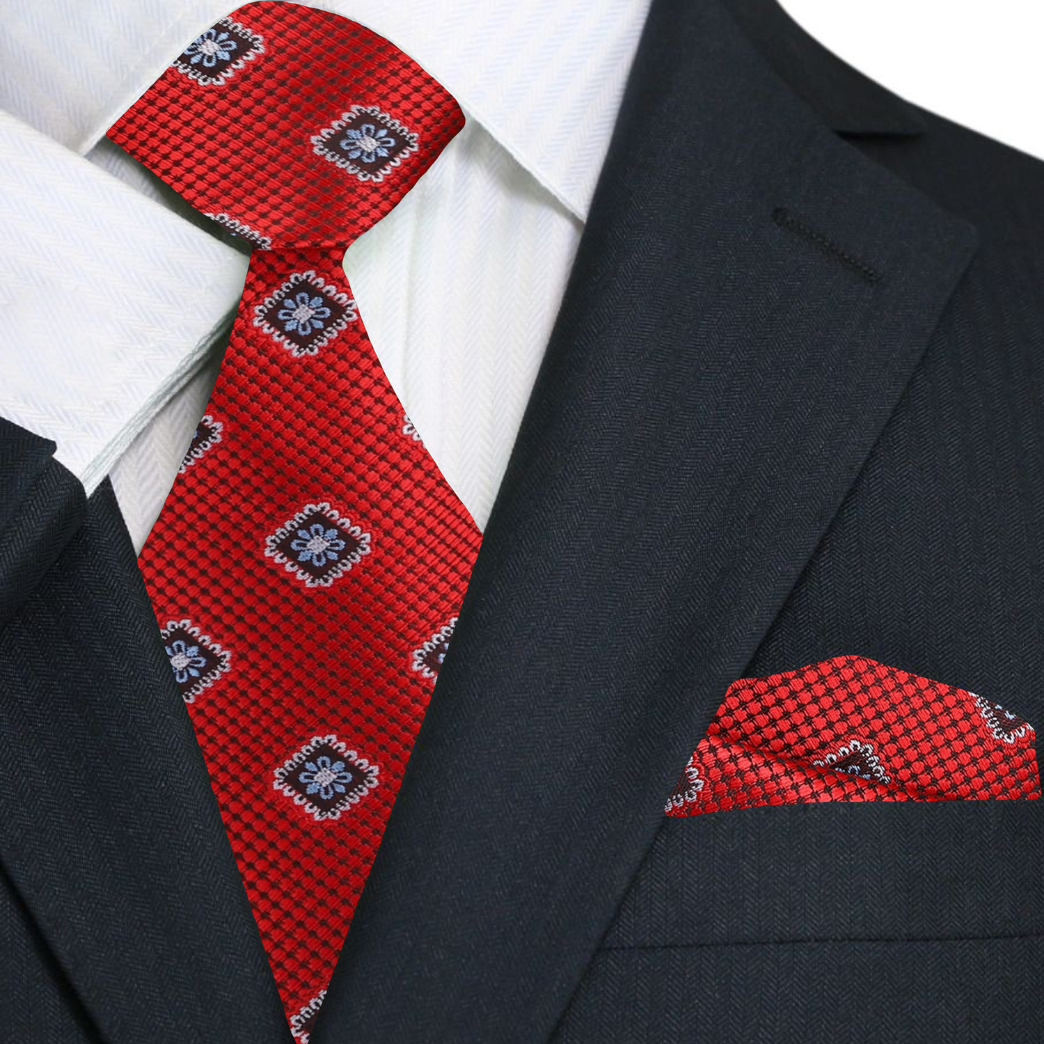 Premium Red Geometric Medallion Tie and Pocket Square