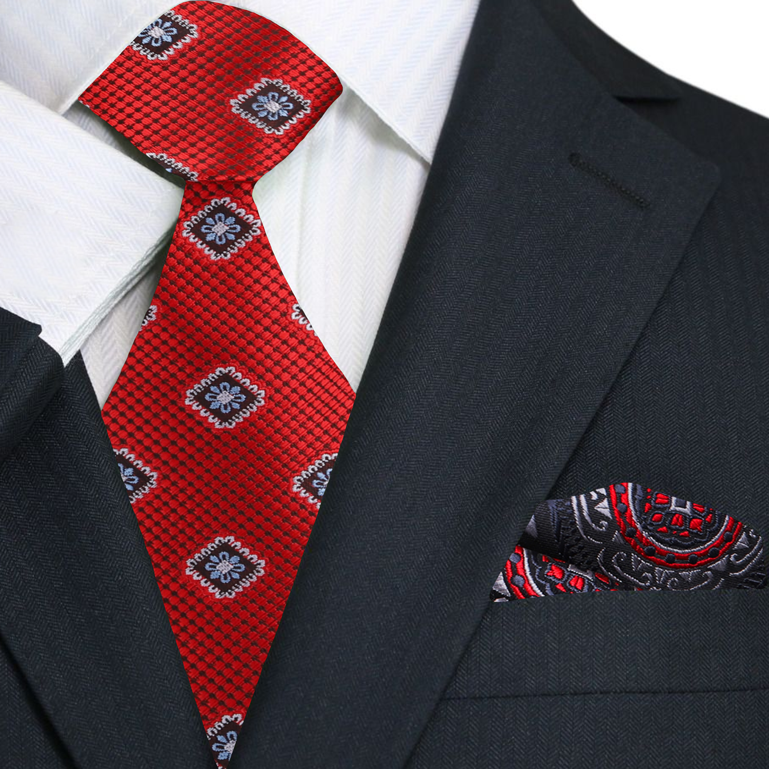 Red Medallions Necktie and Accenting Square