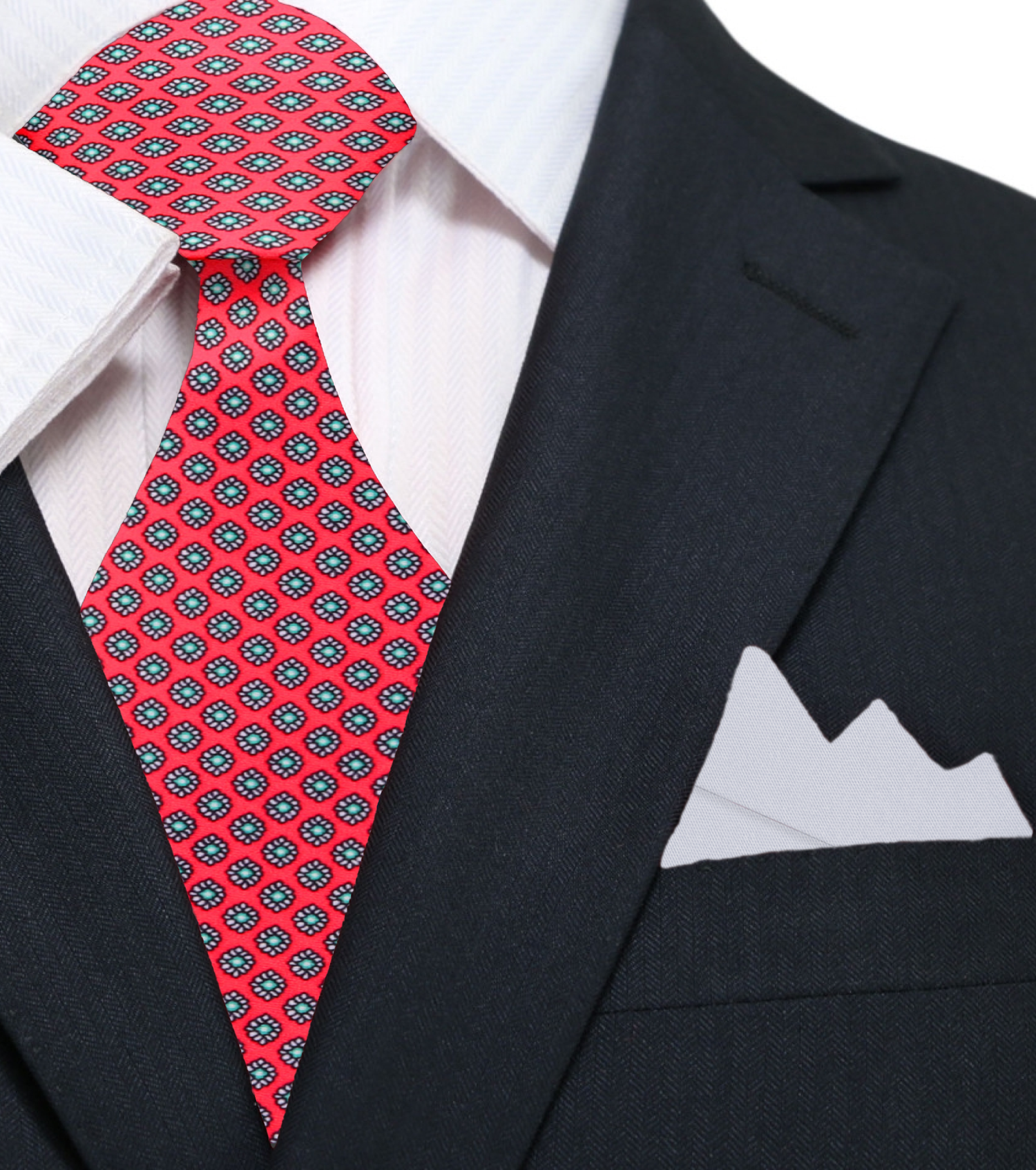 Red Small Medallion Tie and Light Grey Square