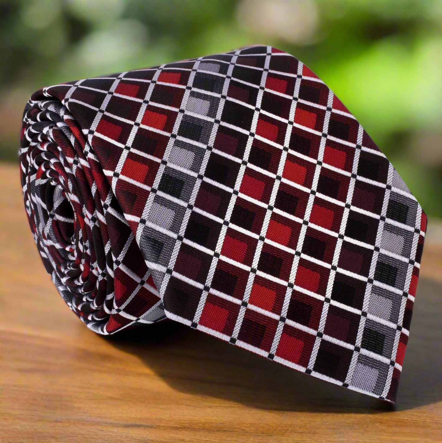 A Red and Grey Geometric Necktie 