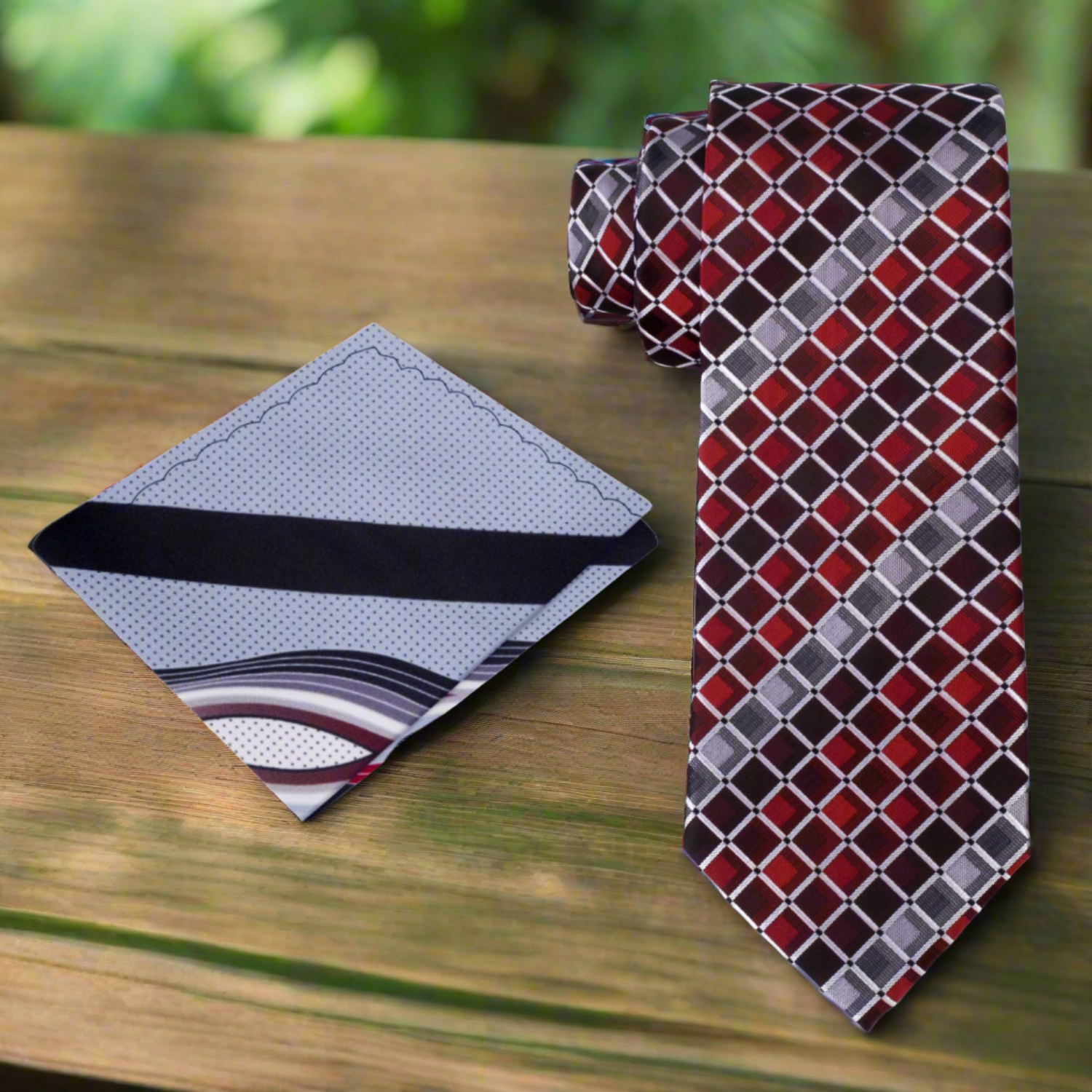 Alt View: A Red and Grey Geometric Necktie and Accenting Square