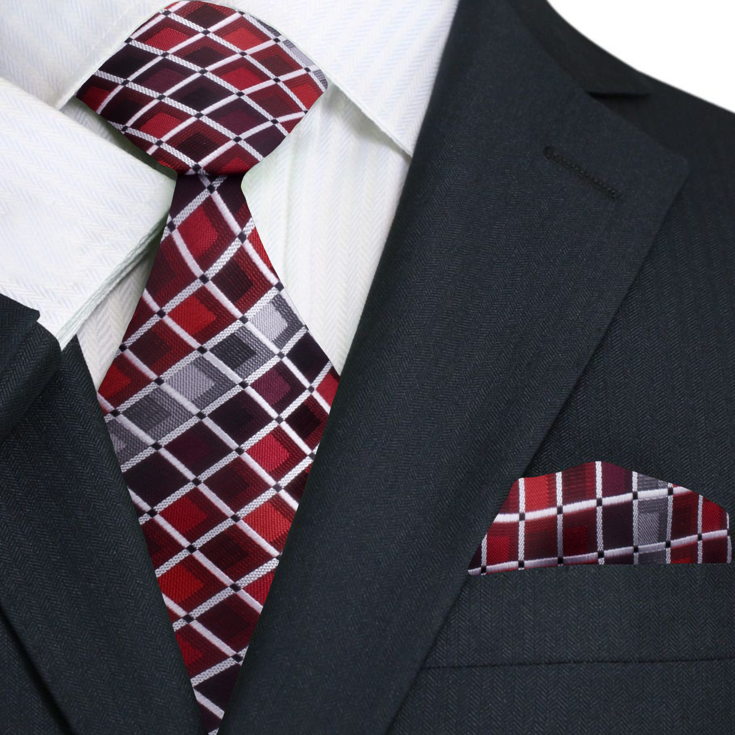 A Red and Grey Geometric Necktie and Square