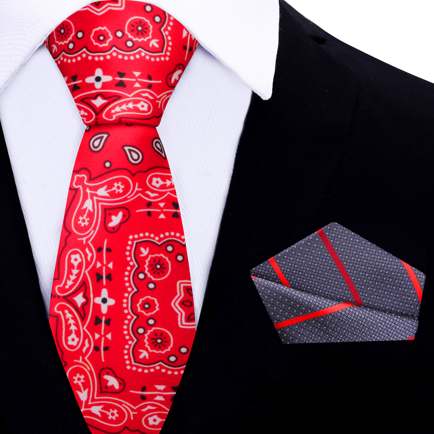 Thin Premium  Red, Black, White Paisley Tie and Accenting Square