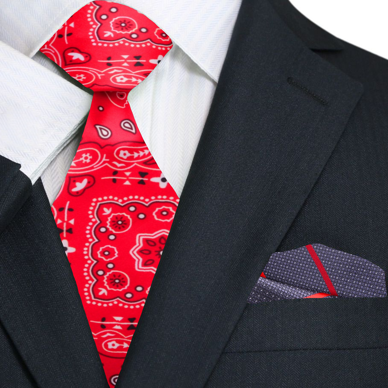 Premium  Red, Black, White Paisley Tie and Accenting Square