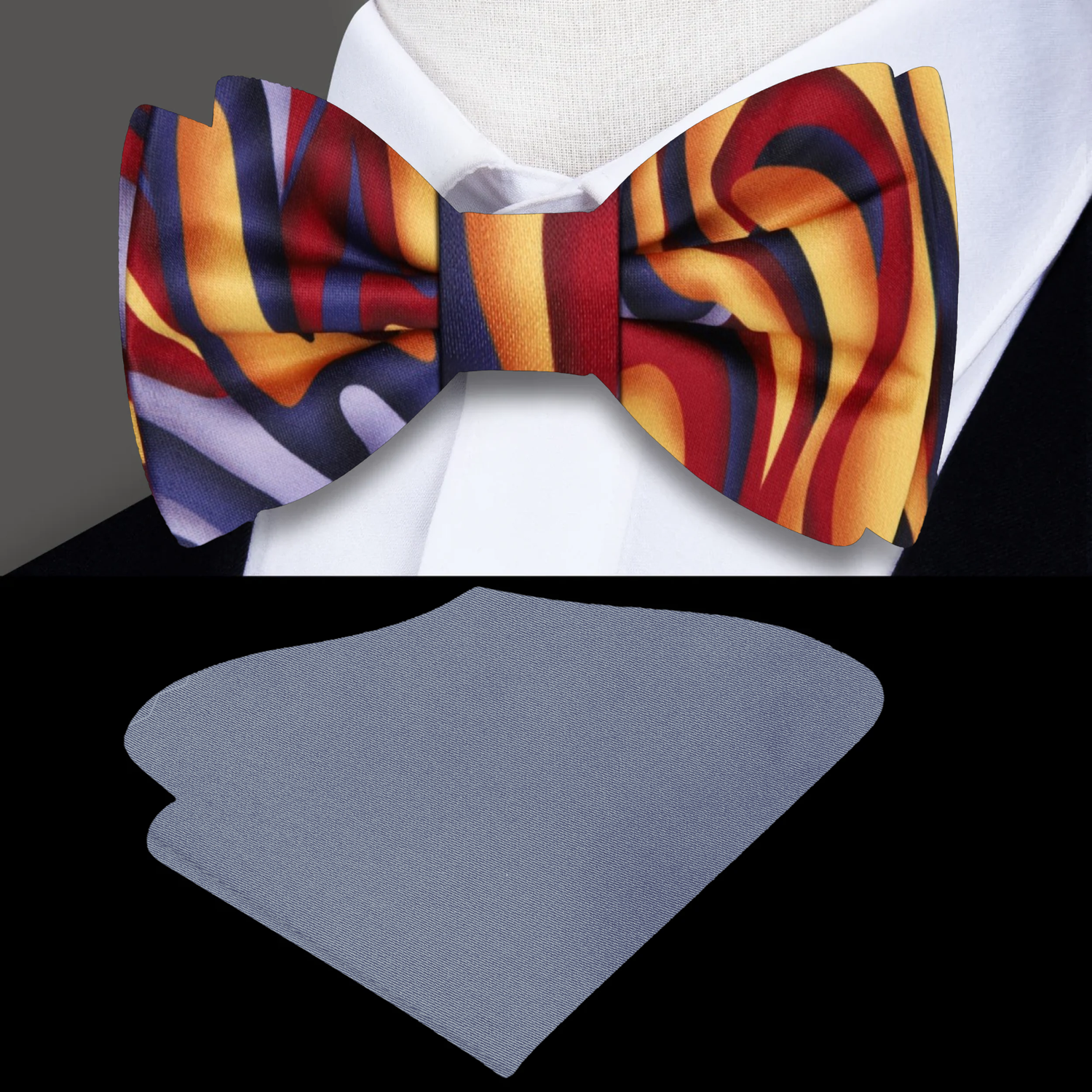 Red, Orange, Grey Abstract Bow tie and Accenting Blue Square