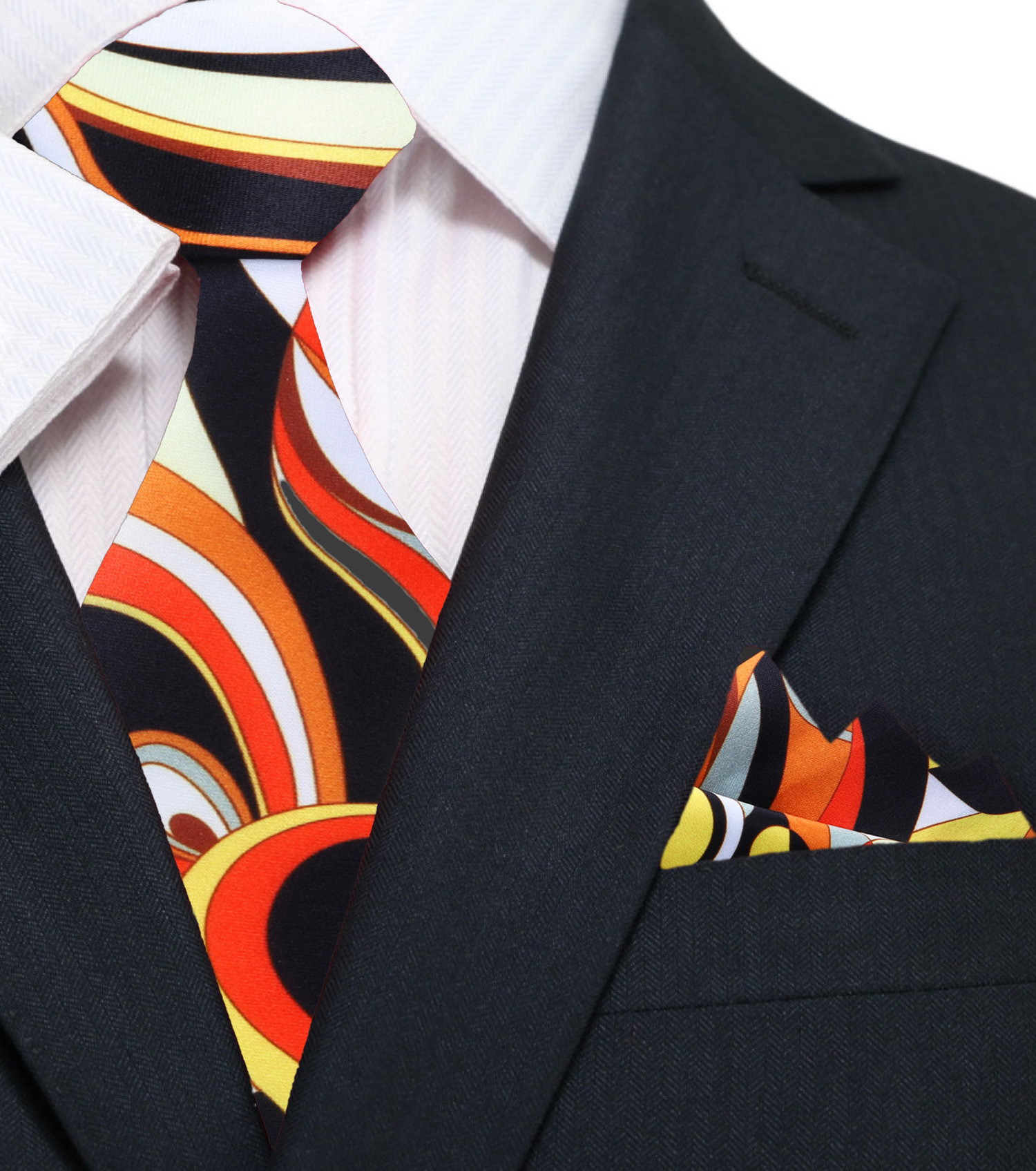 A Orange, Black, Red, White, Yellow Flame Abstract Pattern Pattern Silk Necktie, Matching Pocket Square