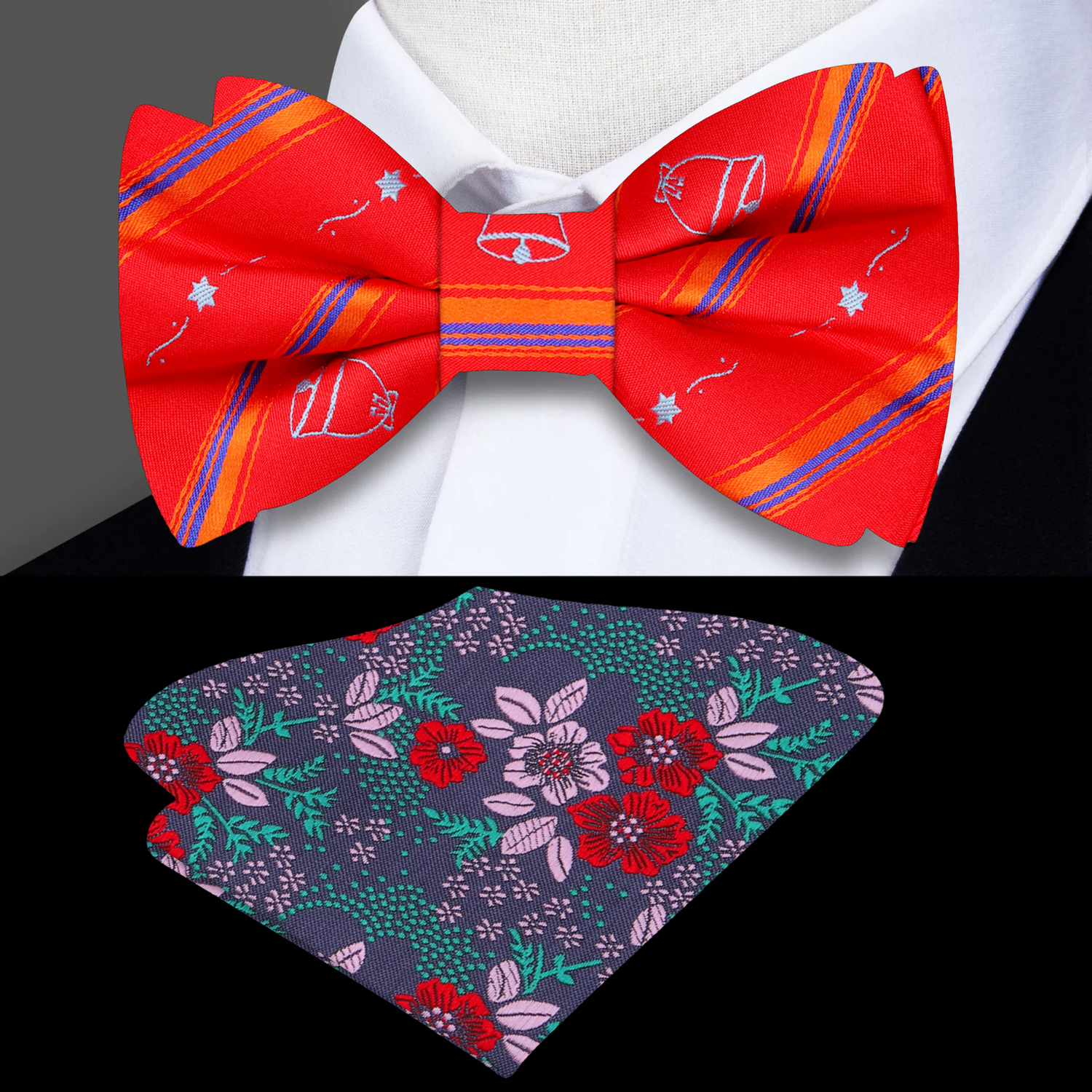 Red Silk with Christmas Tree and Bell Bow Tie and Accenting Square