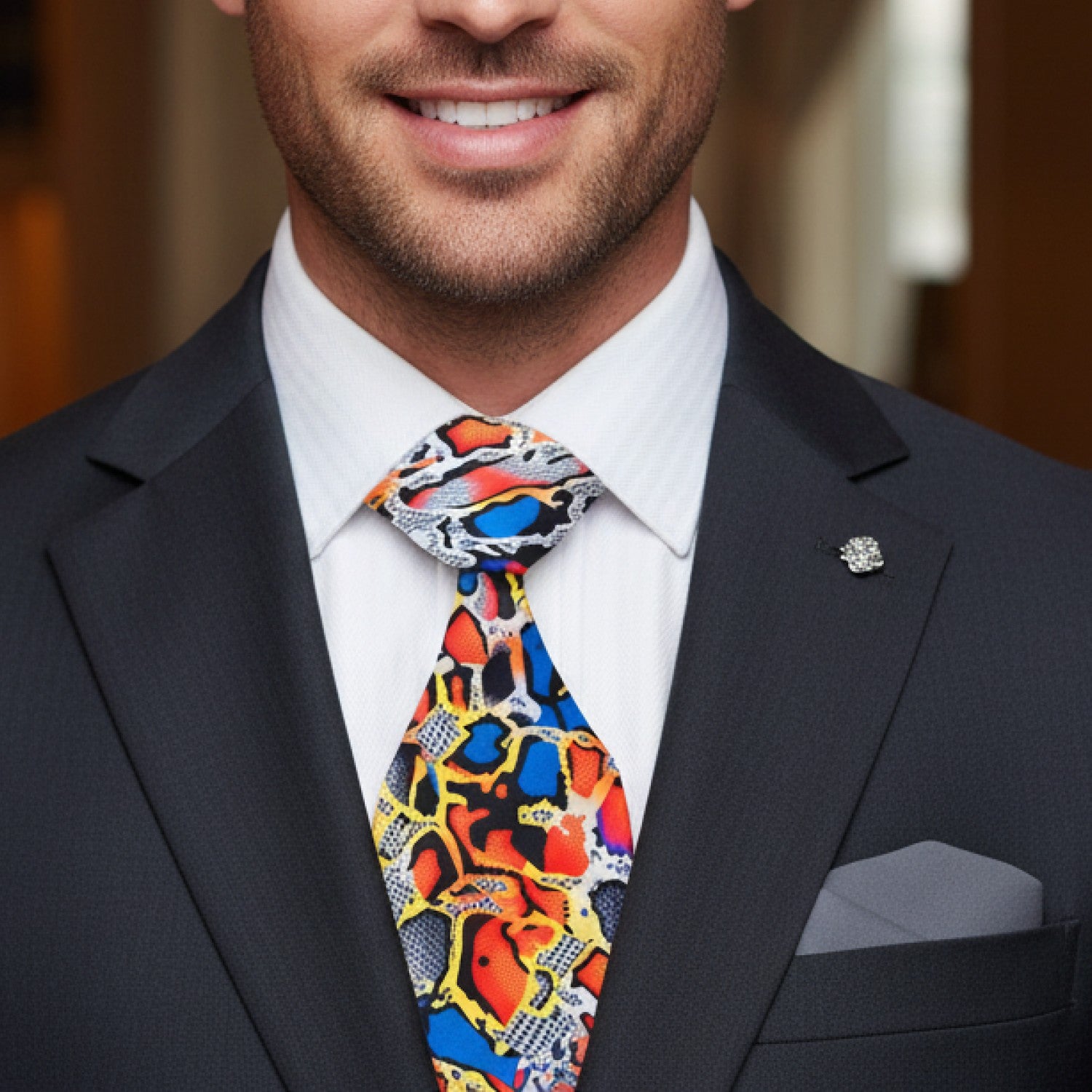 Man wearing a dark suit with a colorful tie and white shirt.