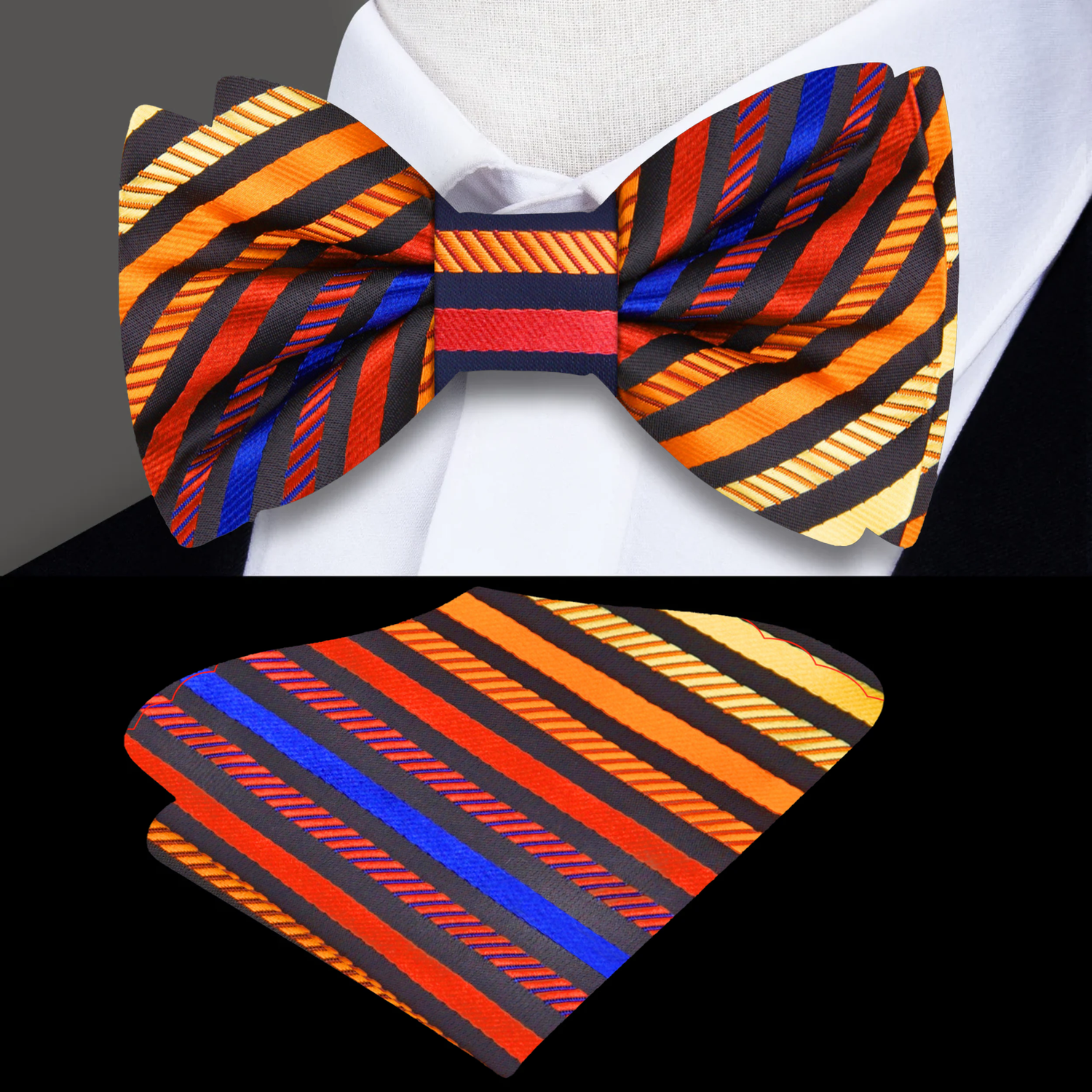 A Red, Orange, Yellow, Blue Color Stripe Pattern Bow Tie, Pocket Square