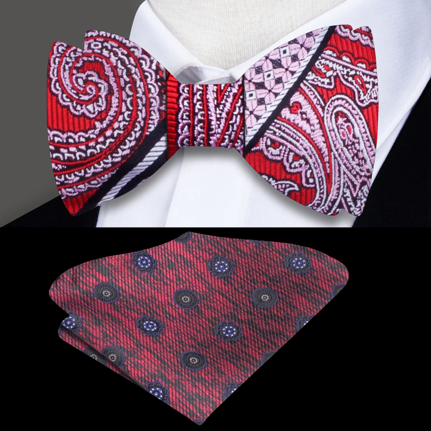Red Paisley Bow Tie with Accenting Square