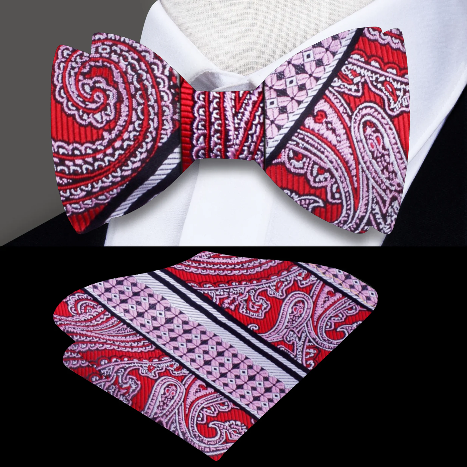 Red, Black, Pink Paisley Self Tie Bow Tie and Pocket Square