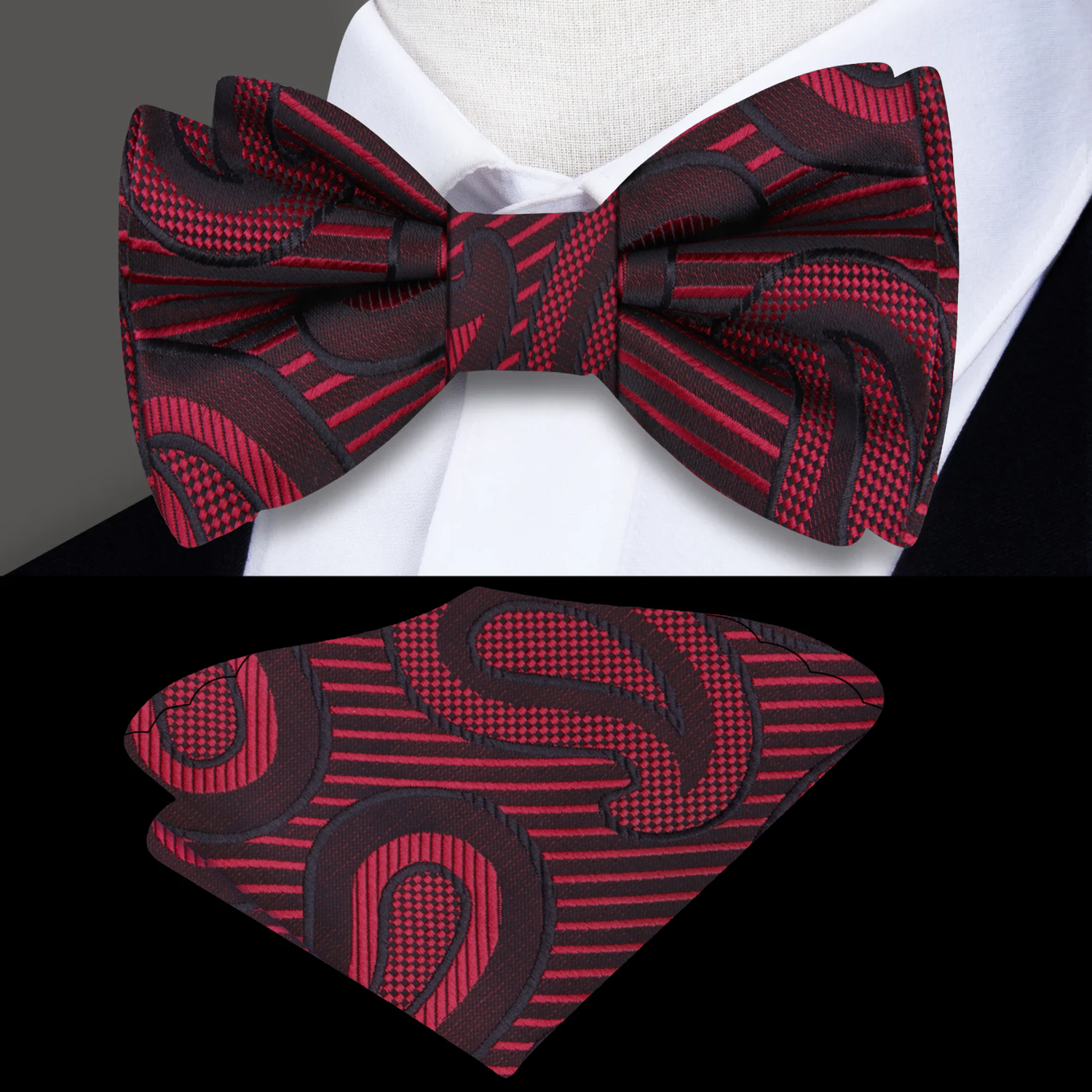 Red, Black Paisley Bow Tie and Pocket Square