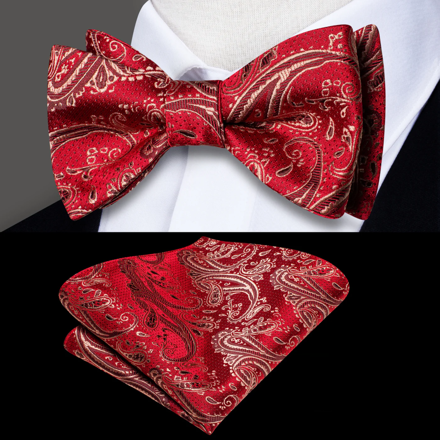 A Red, Gold Paisley Pattern Silk Self Tie Bow Tie, Matching Pocket Square||Red, Gold