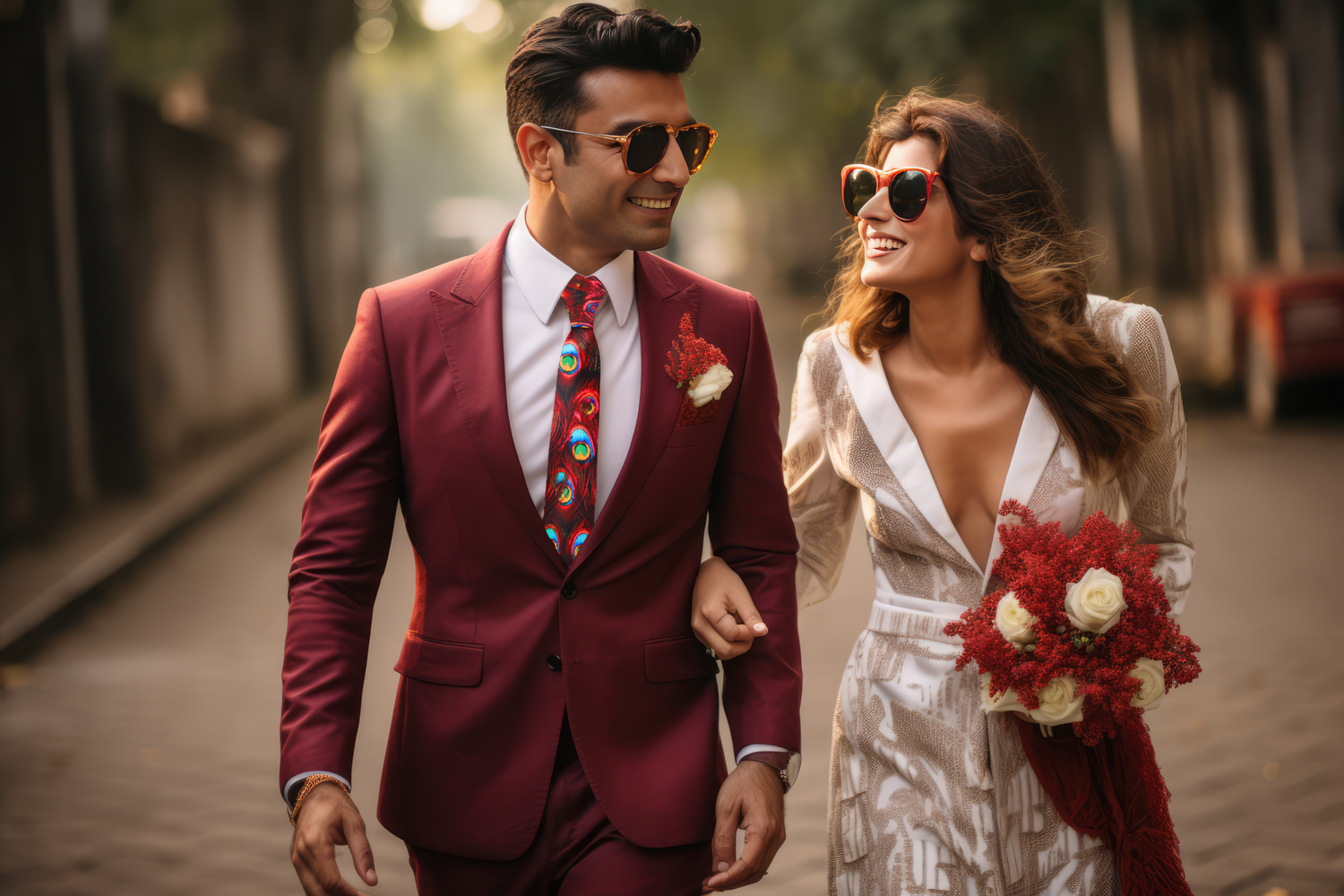 Red Peacock Abstract Necktie On Man wearing Red Suit with Woman