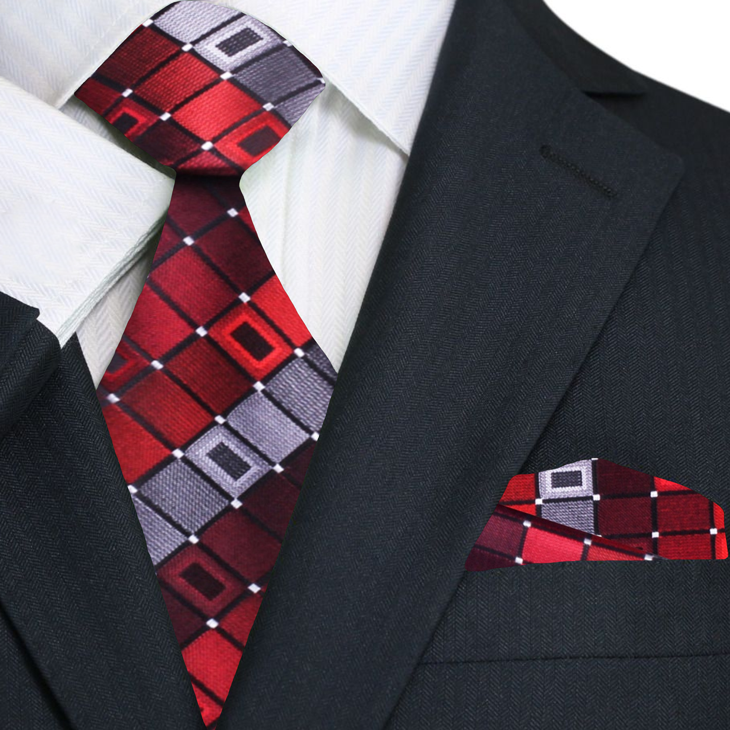 Premium A Red, Grey Geometric Pattern Silk Necktie, Matching Pocket Square