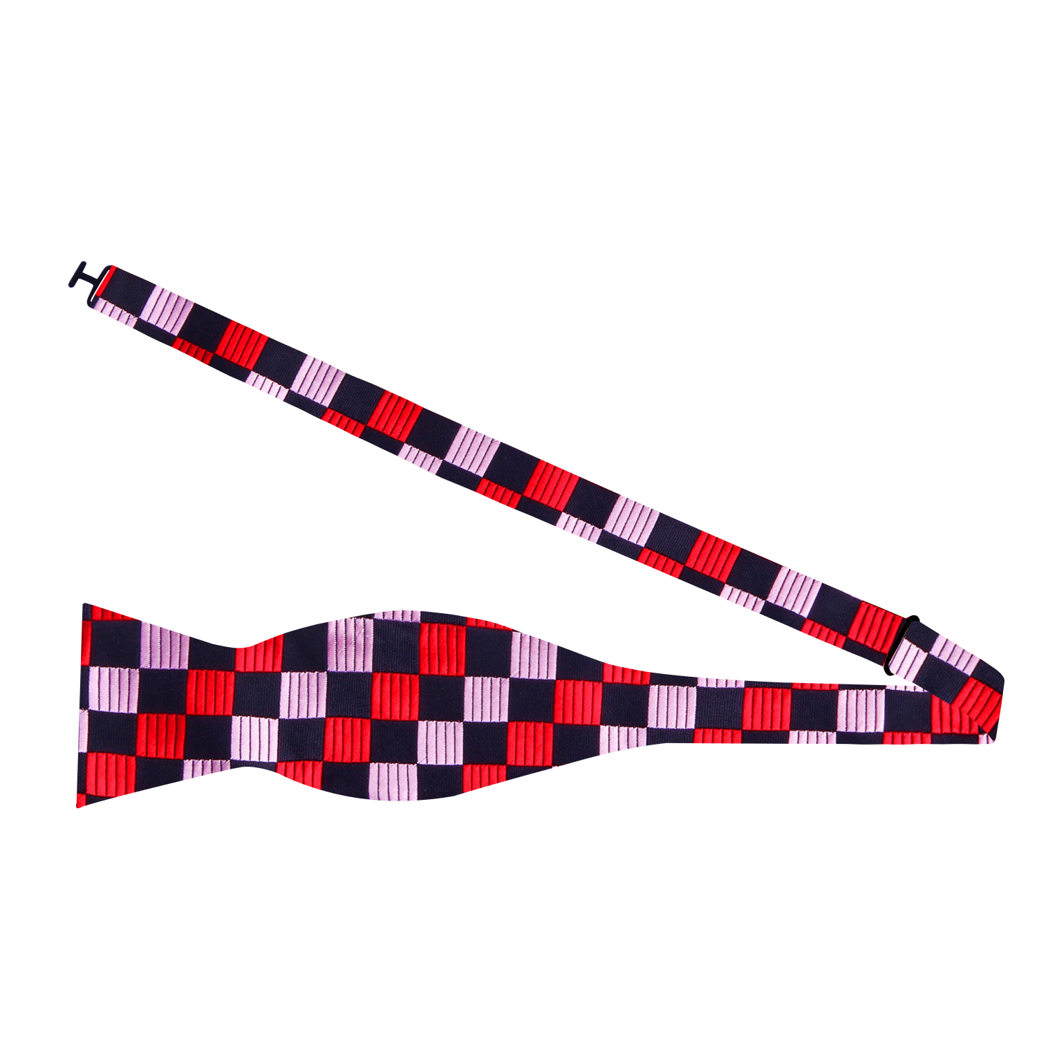 A Red, Black Geometric Squares Pattern Silk Self Tie Bow Tie Self Tie