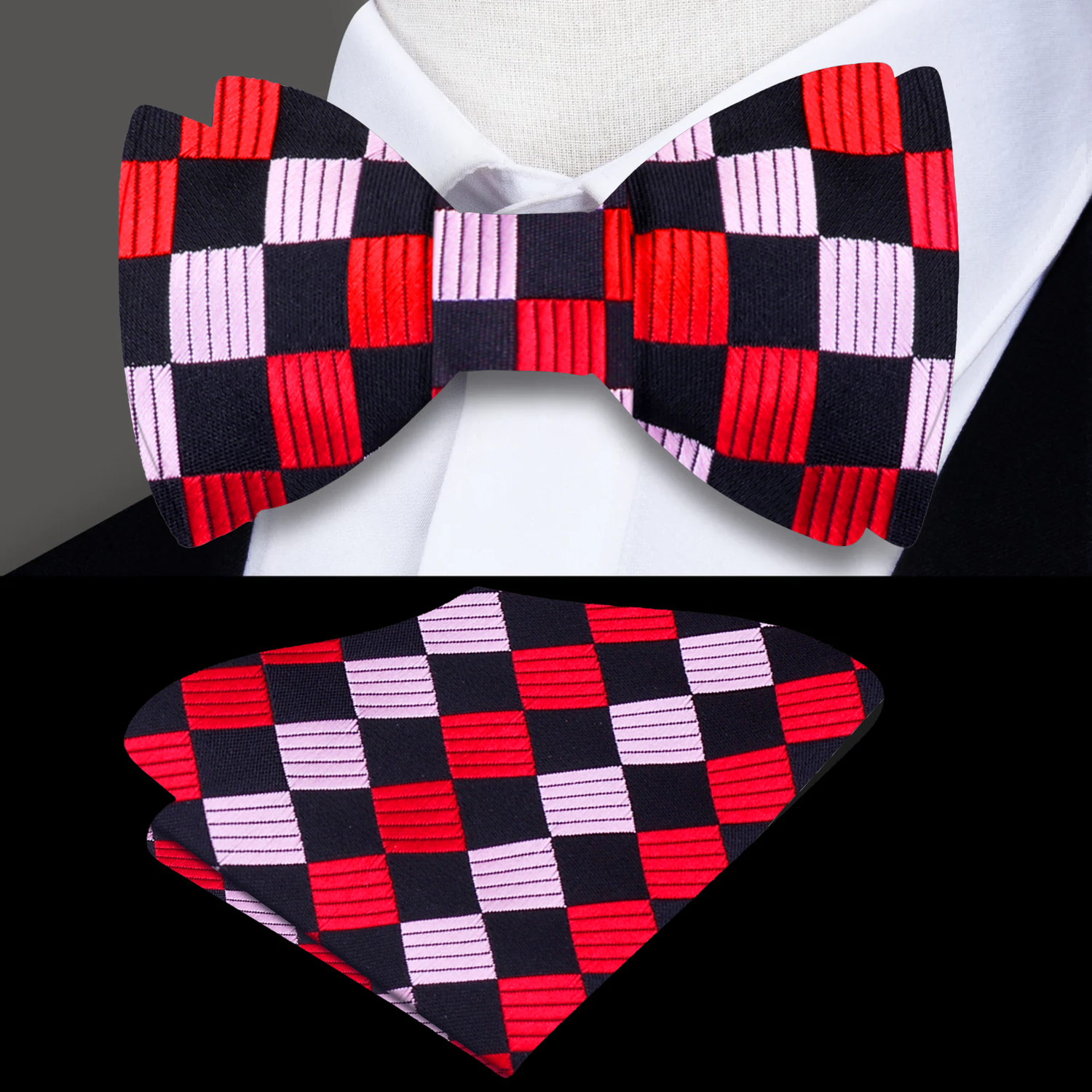 A Red, Black Geometric Squares Pattern Silk Self Tie Bow Tie, Pocket Square