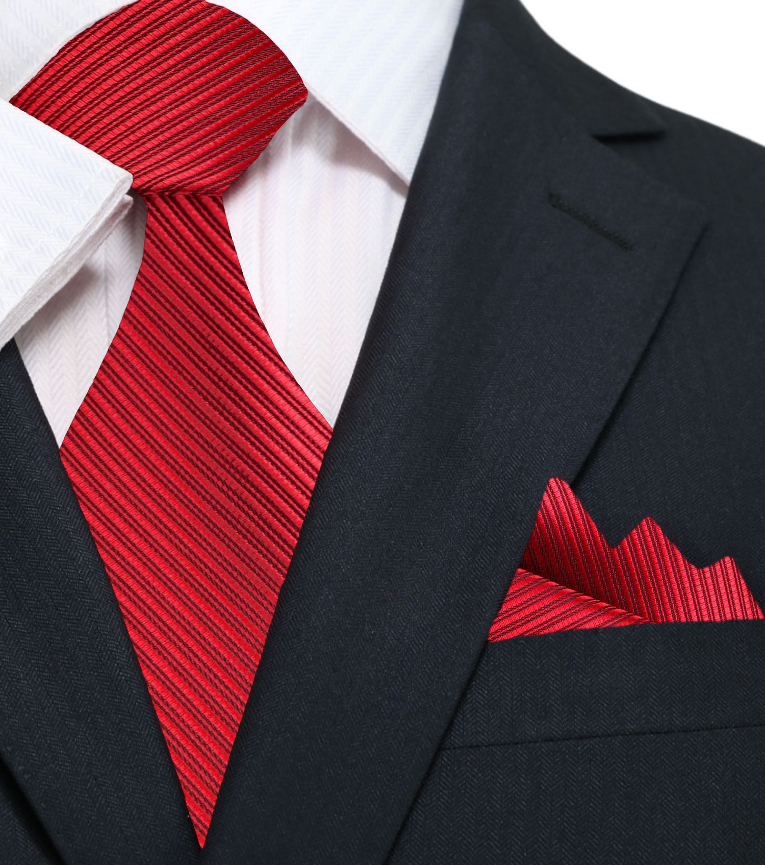 A Red, Black Pinstripe Pattern Silk Necktie, Matching Pocket Square