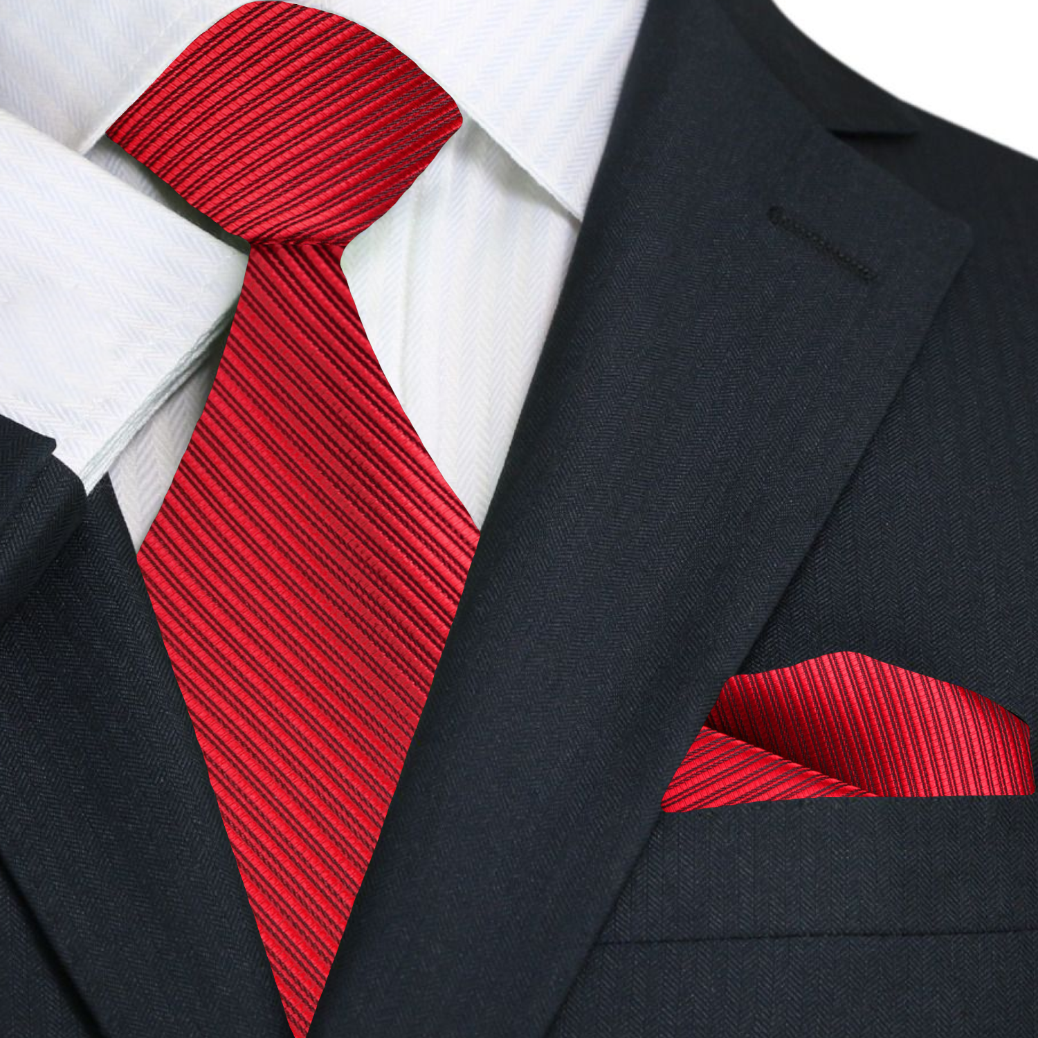 Red tie and matching pocket square with a black suit jacket.