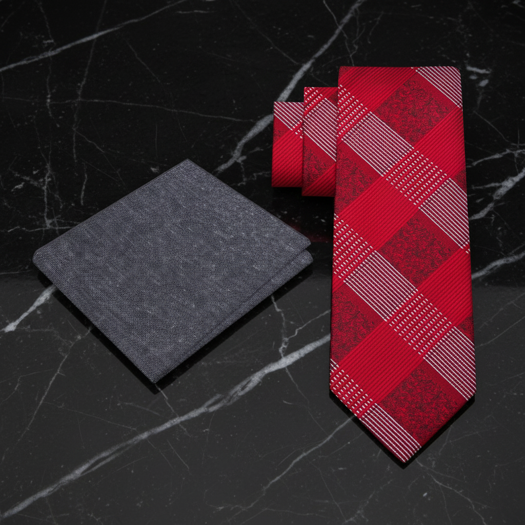 Red plaid tie and gray pocket square 