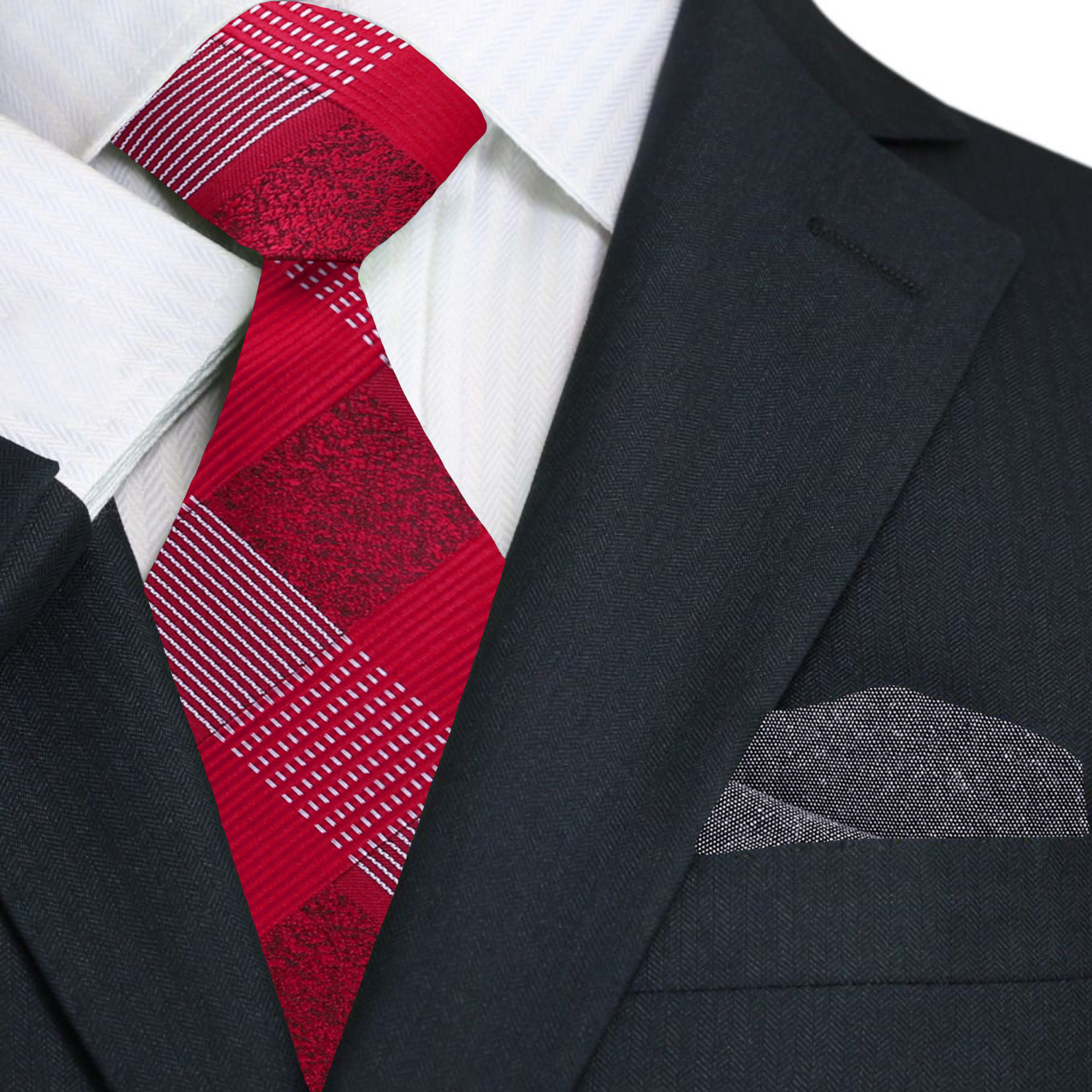 Red patterned tie with black suit and white shirt