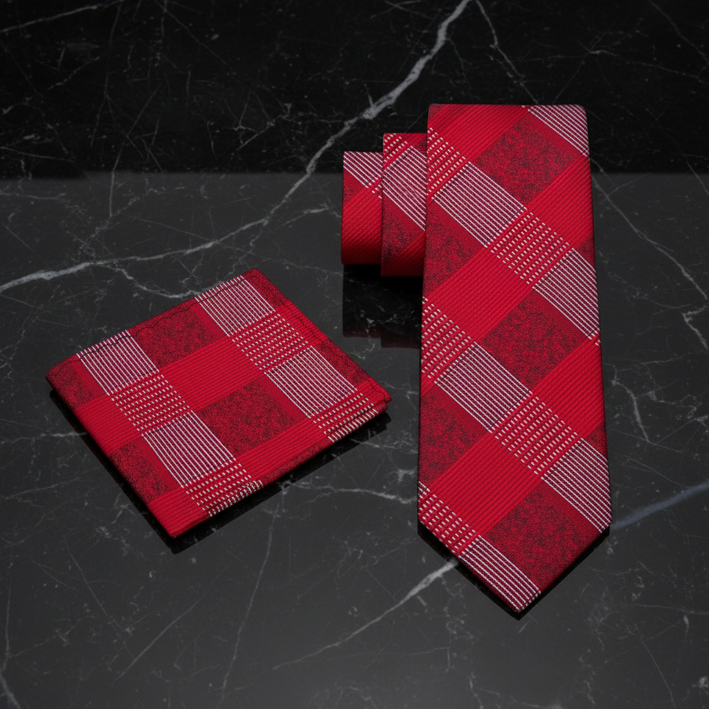 Red plaid tie and pocket square on a dark marble surface