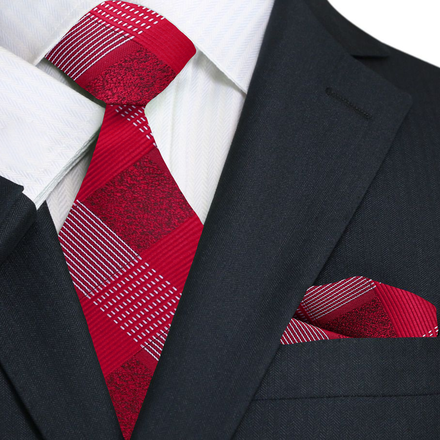 Red patterned tie and pocket square with a black suit jacket