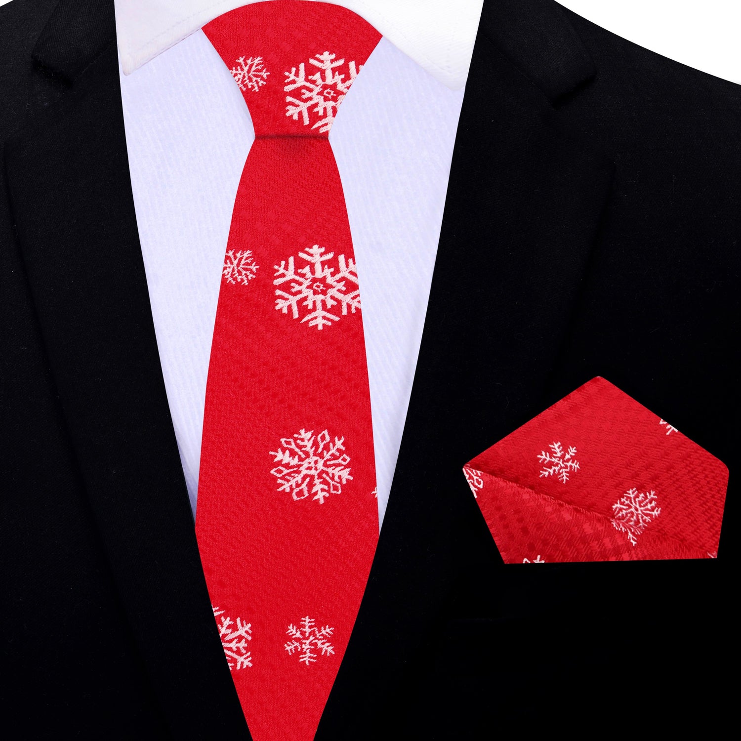 Thin Tie: Red, Light Grey Plaid with Snowflake Tie and Pocket Square