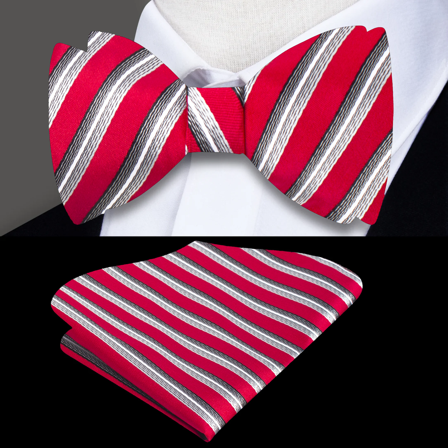 Red Platinum Stripe Bow Tie and Square