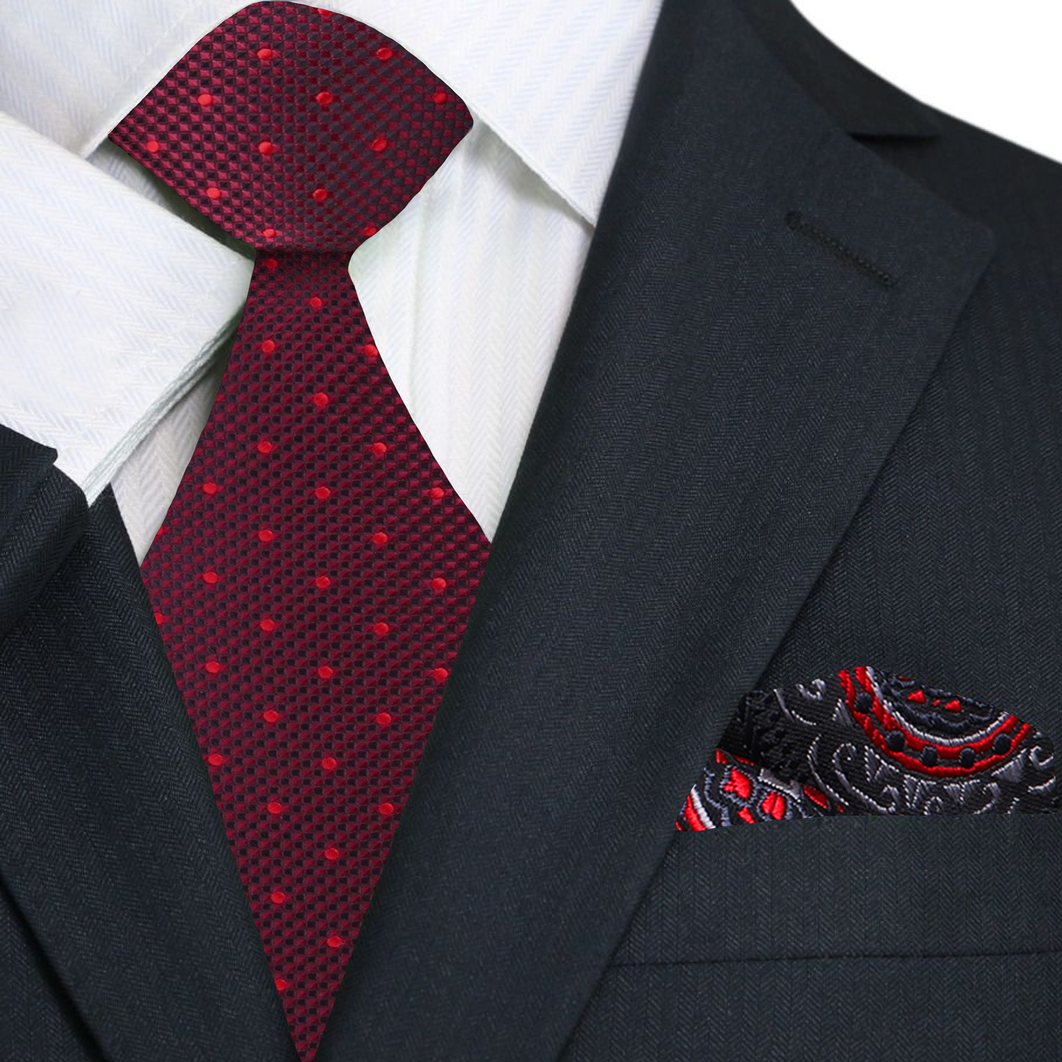 Premium Dark Red, Red, Black Geometric Check with Polka Dot Tie and Accenting Pocket Square