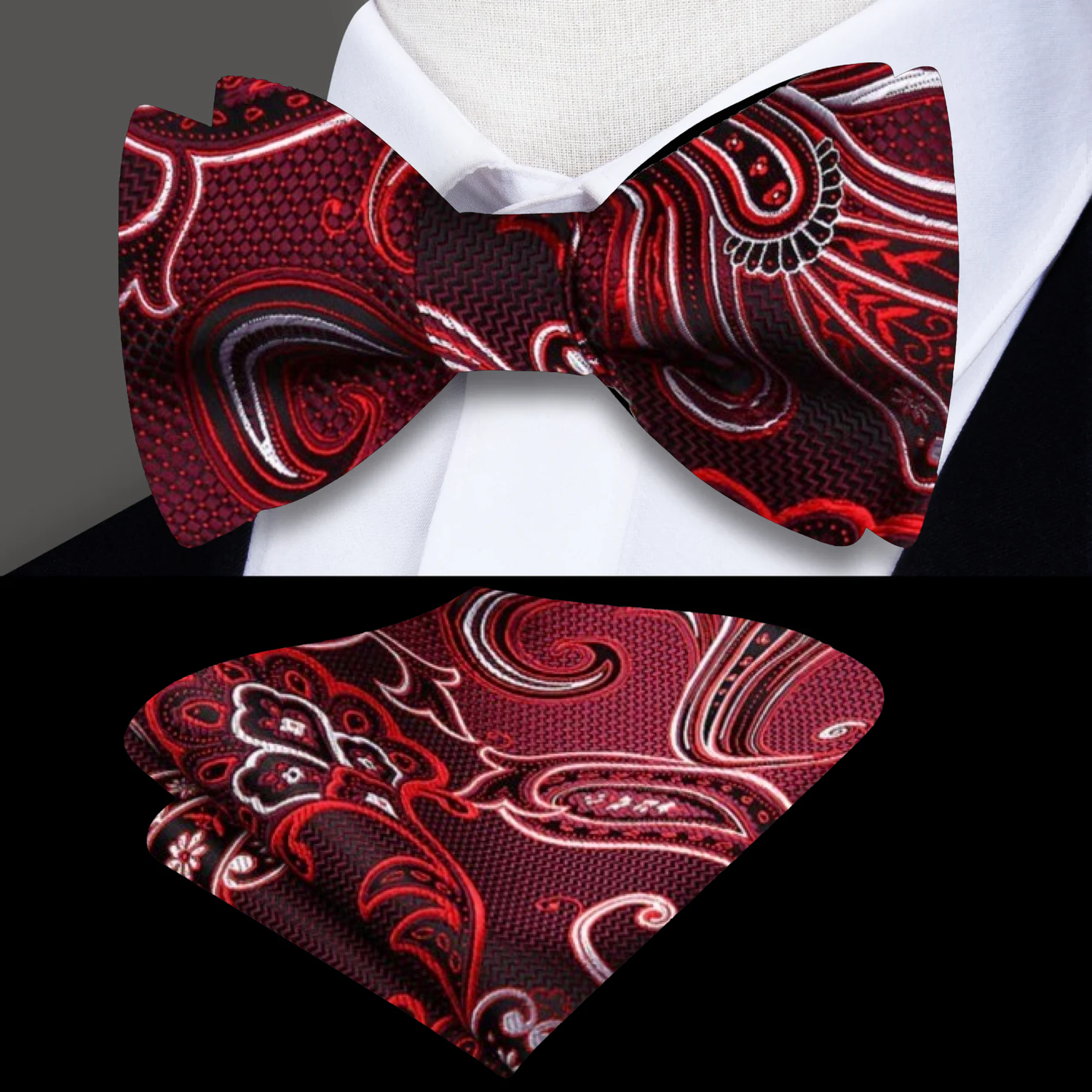 A Red, White, Black Paisley Pattern Silk Self Tie Bow Tie, Matching Pocket Square