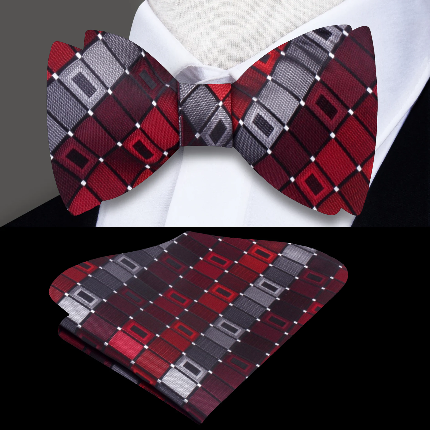 Red, Grey Geometric Bow Tie and Pocket Square