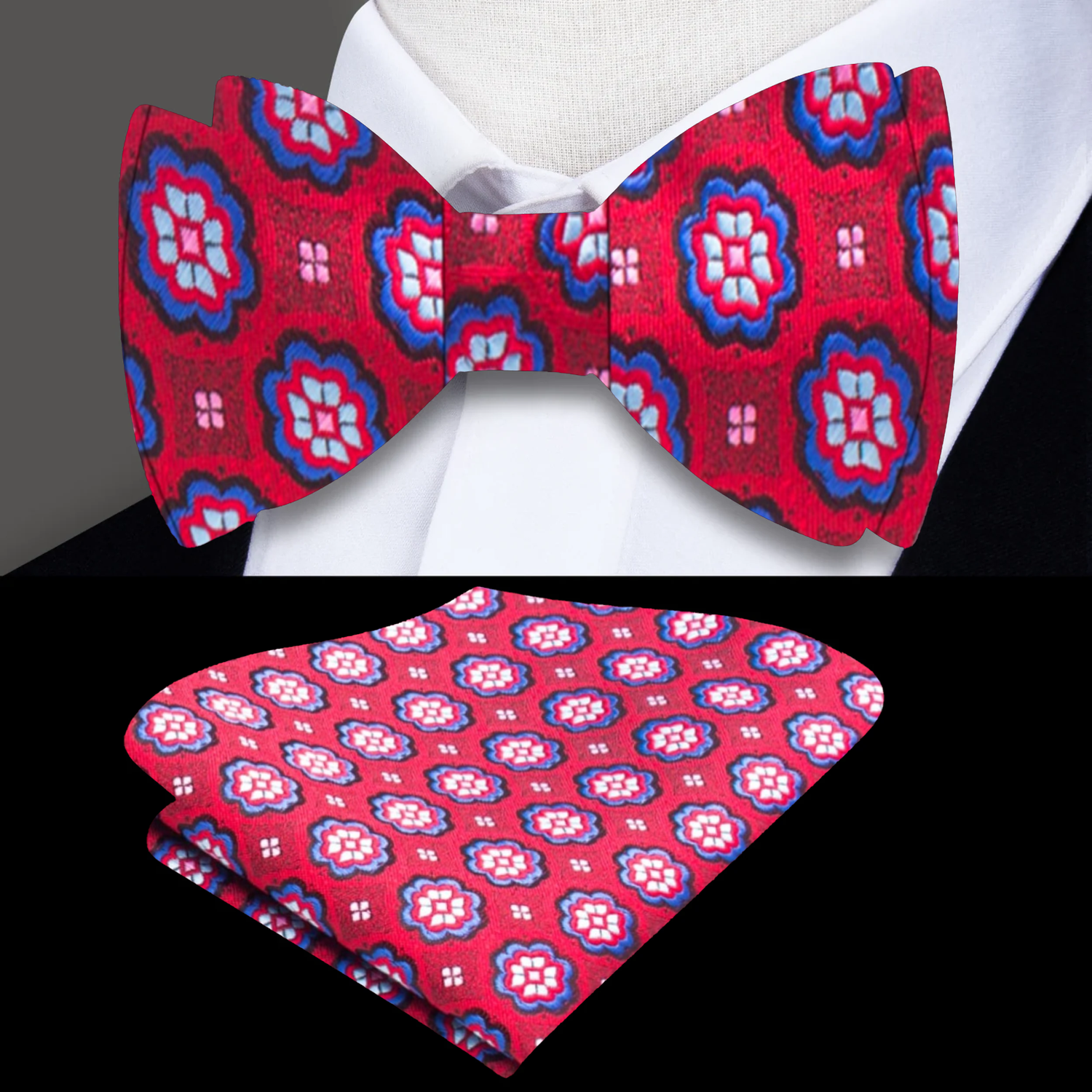 Red Blue Raspberry Floral Bow Tie and  Pocket Square