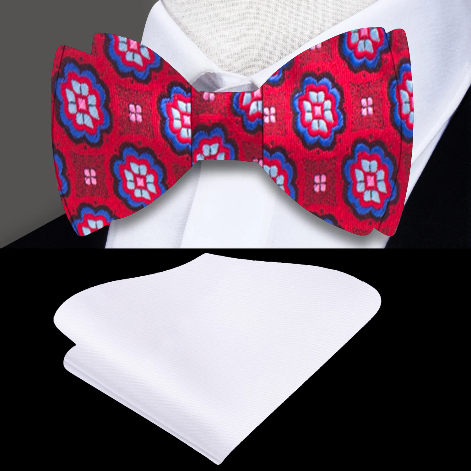 Main: Red Blue Raspberry Floral Bow Tie and White Pocket Square
