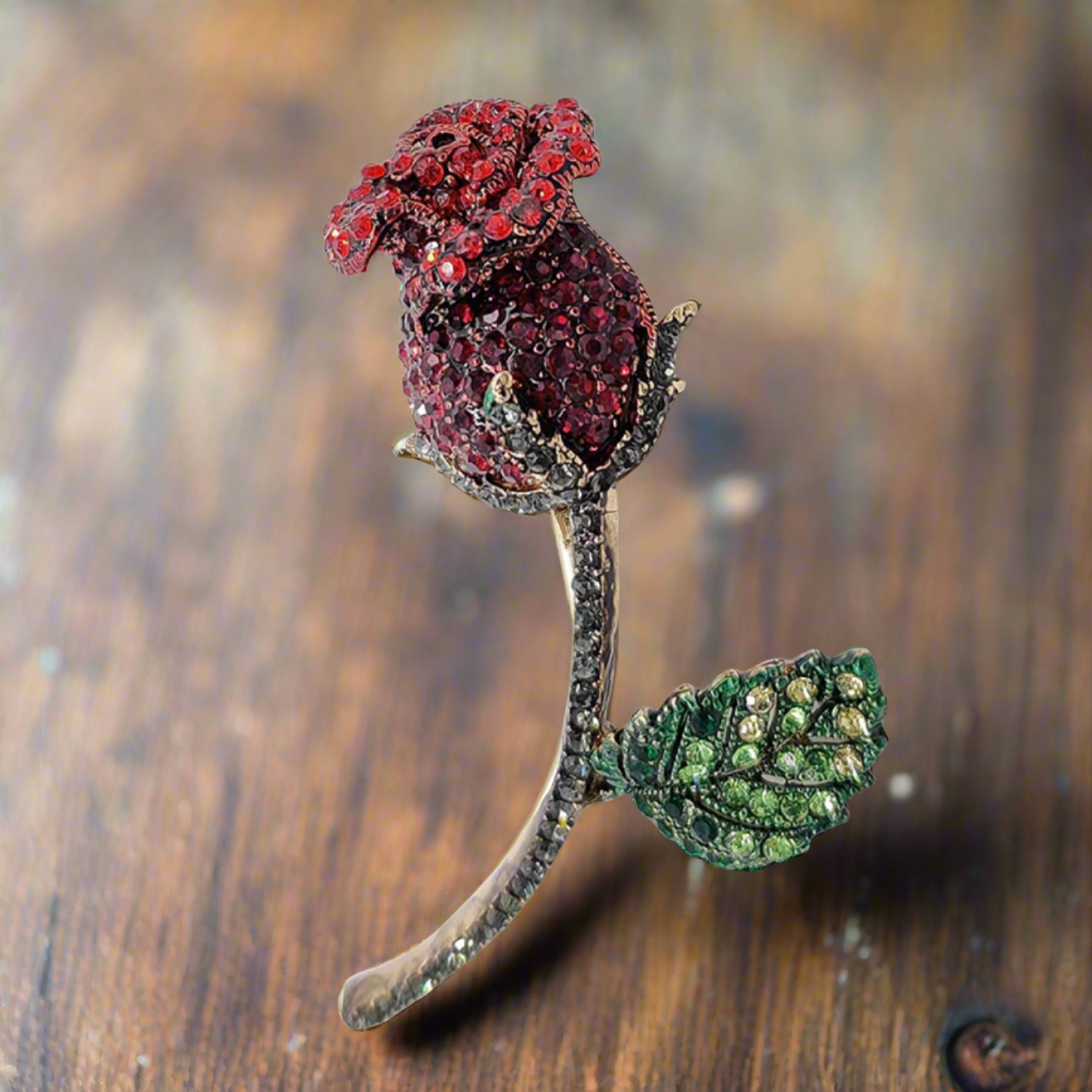 Red Rose with Green Leaf Stones Lapel Pin