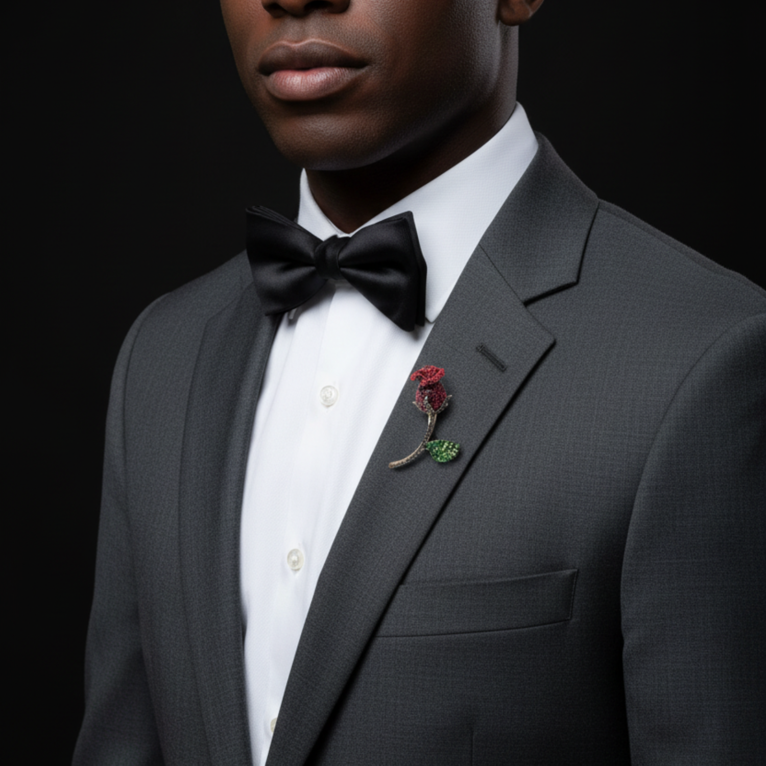 Man wearing a gray suit with a black bow tie and red boutonniere on a black background