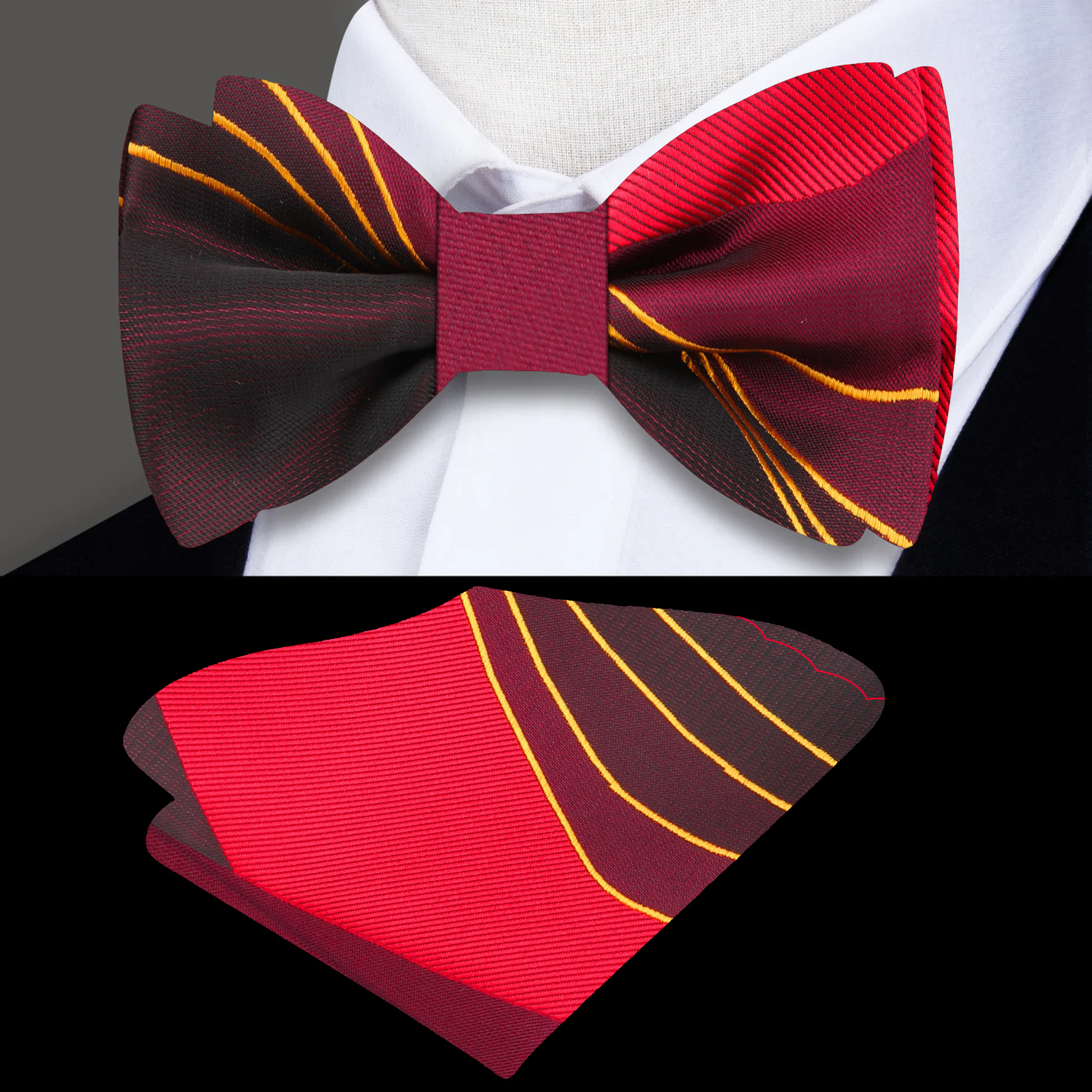 Main View: A Burgundy, Red, Gold Abstract Pattern Silk Self Tie Bow Tie With Matching Pocket Square||Burgundy, Wine, Black, Yellow