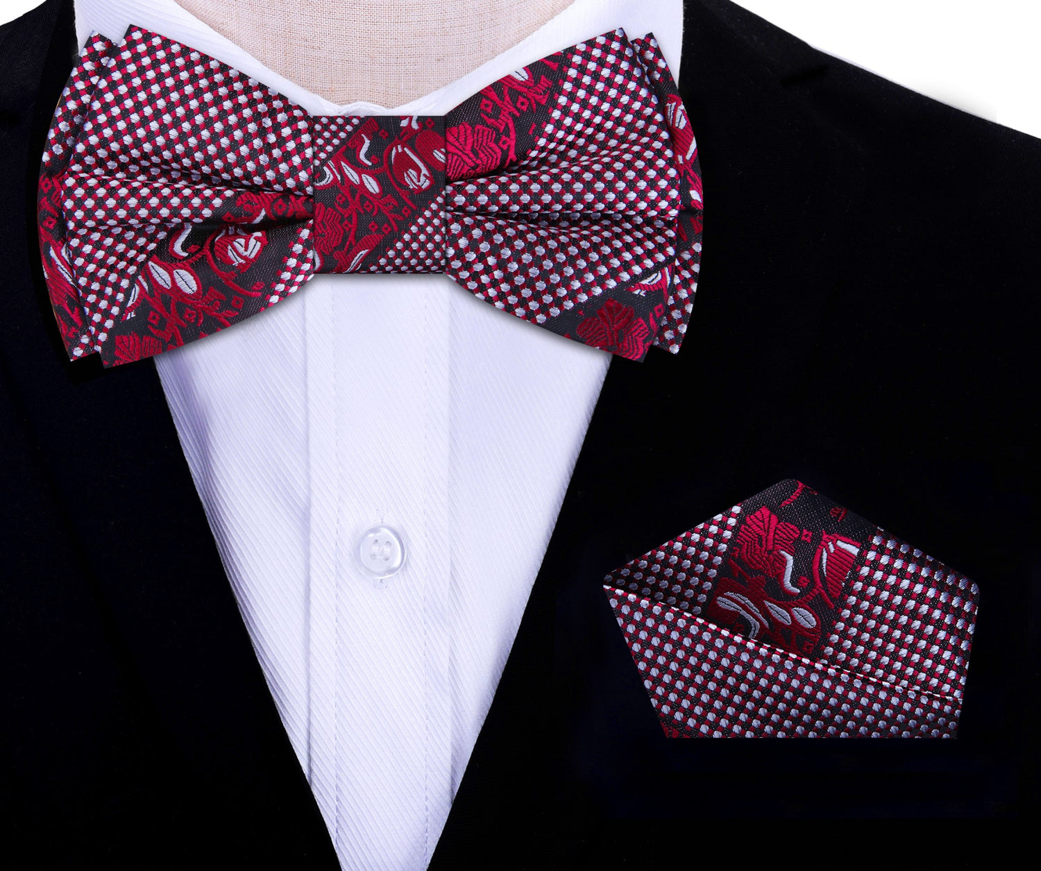 Red Floral Bow Tie and Square on Suit