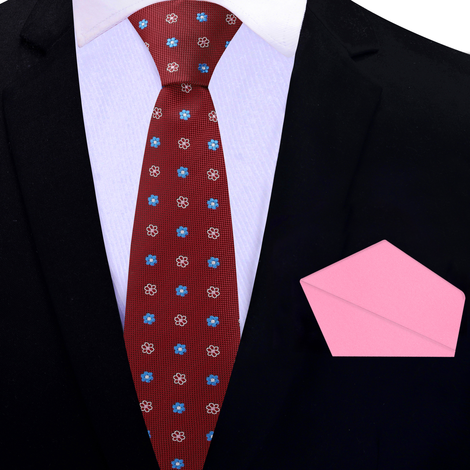 Thin Tie: Red, Blue, Pink Small Flower Necktie and Pink Square