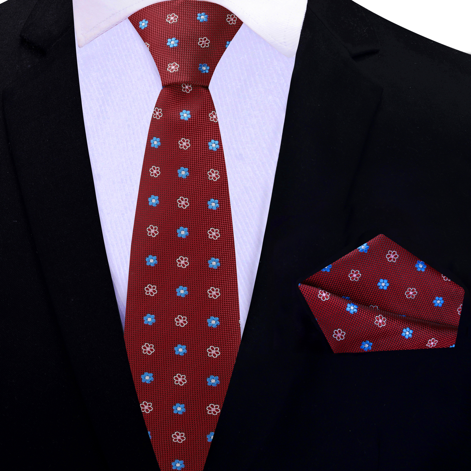 Thin Tie: Red, Blue, Pink Small Flower Necktie and Matching Square