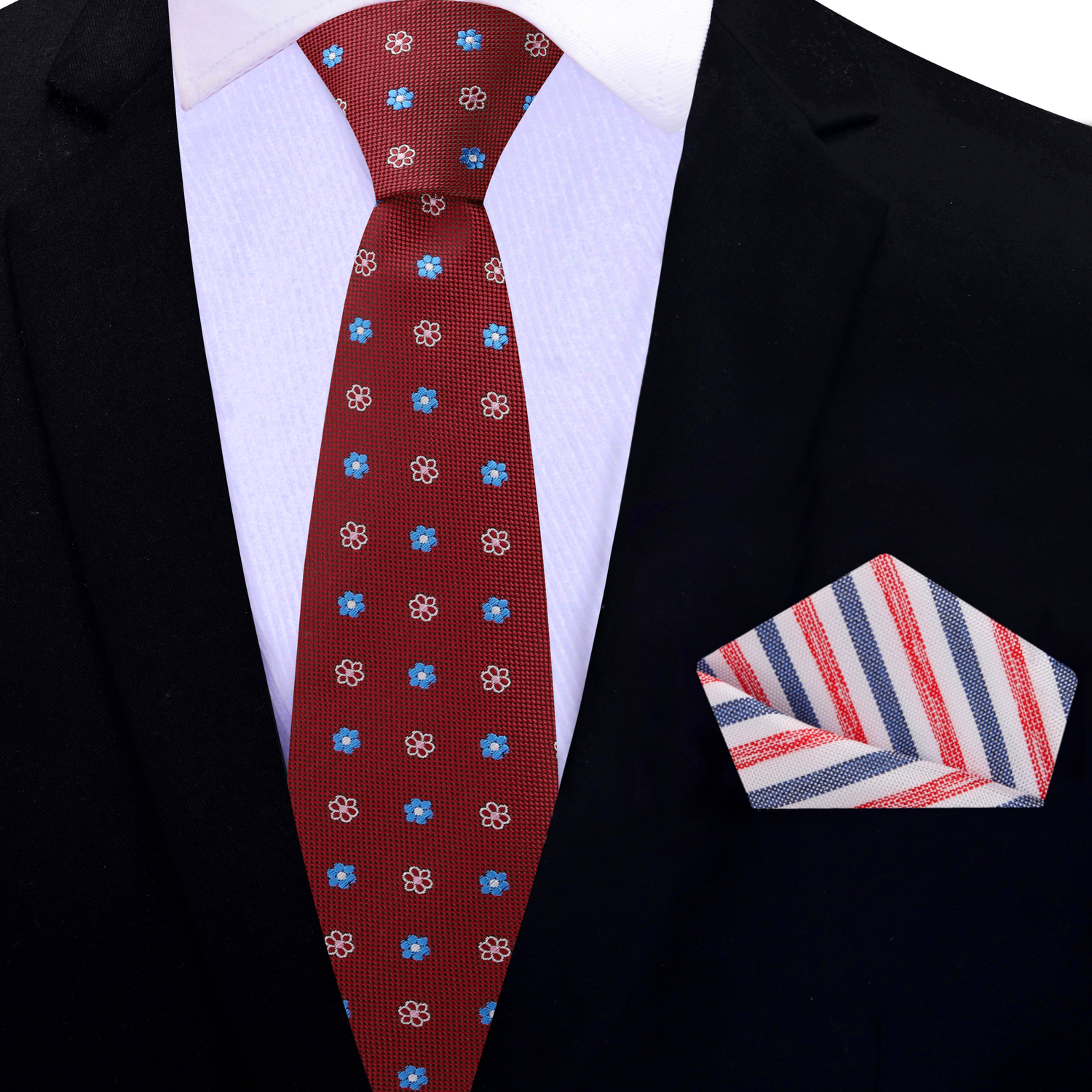 Thin Tie: Red, Blue, Pink Small Flower Necktie and White, Red, Blue Stripe Square