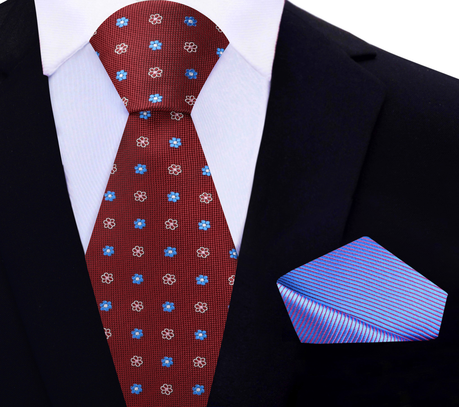 Red, Blue, Pink Small Flower Necktie and Blue Square