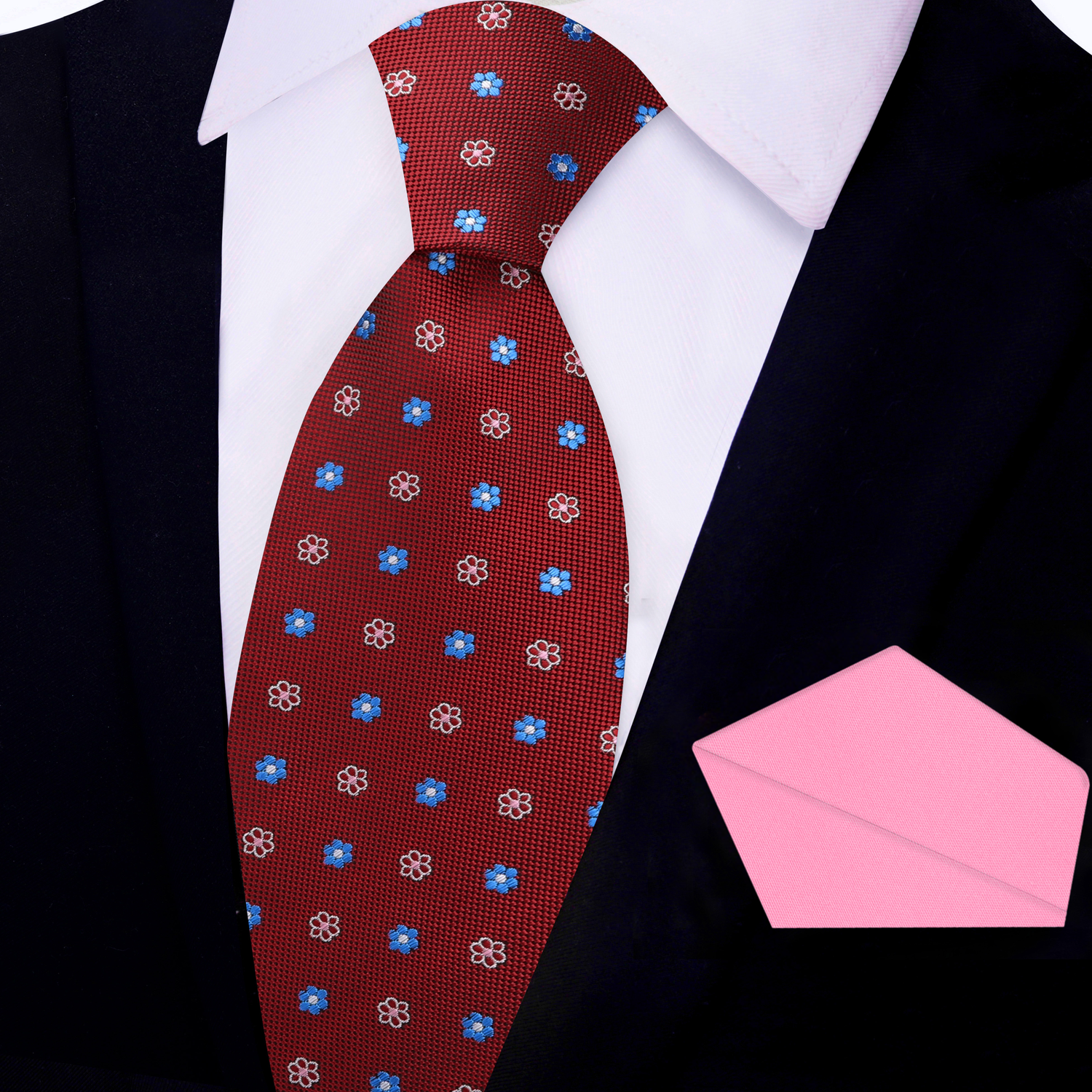 View 2: Red, Blue, Pink Small Flower Necktie and Pink Square
