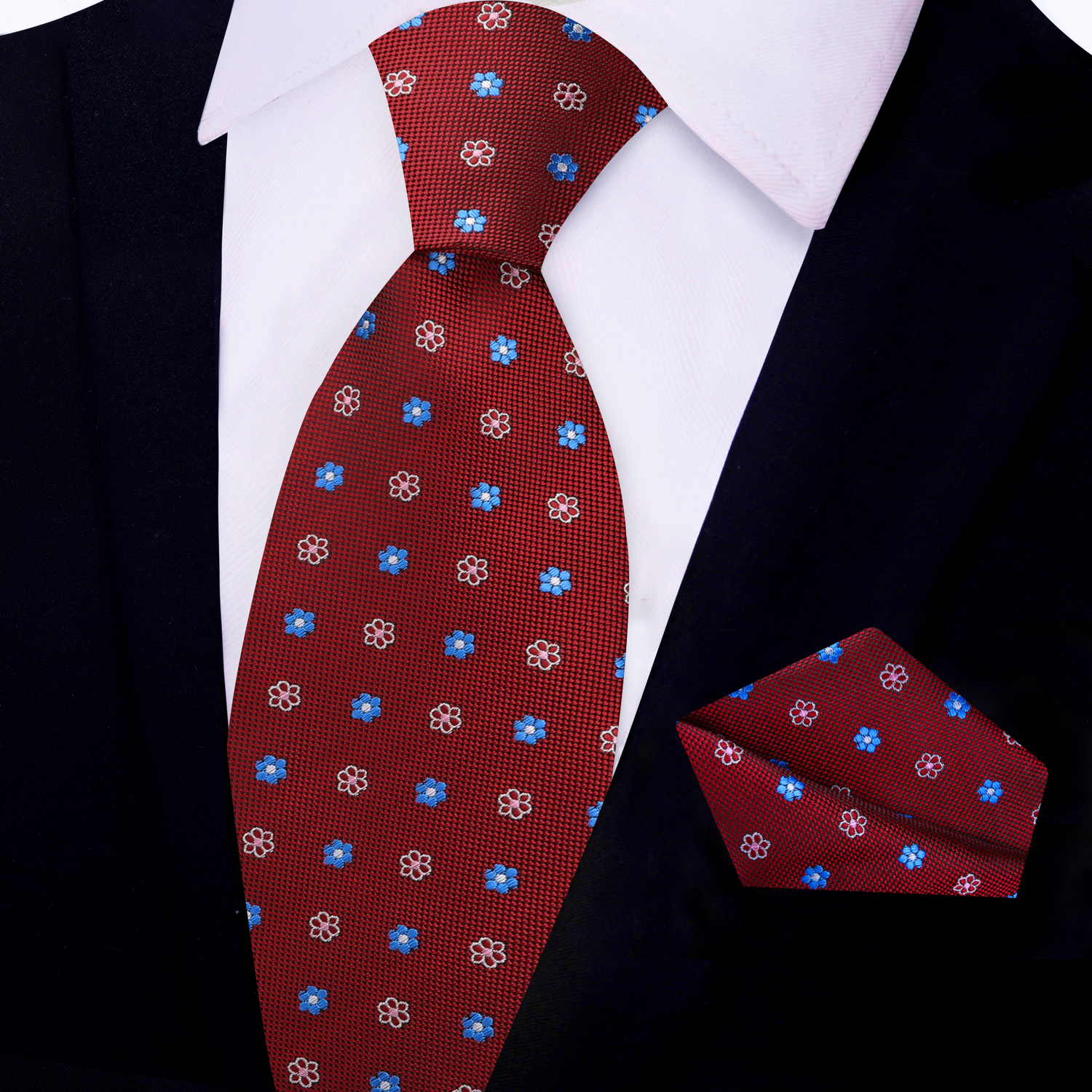 View 2: Red, Blue, Pink Small Flower Necktie and Matching Square